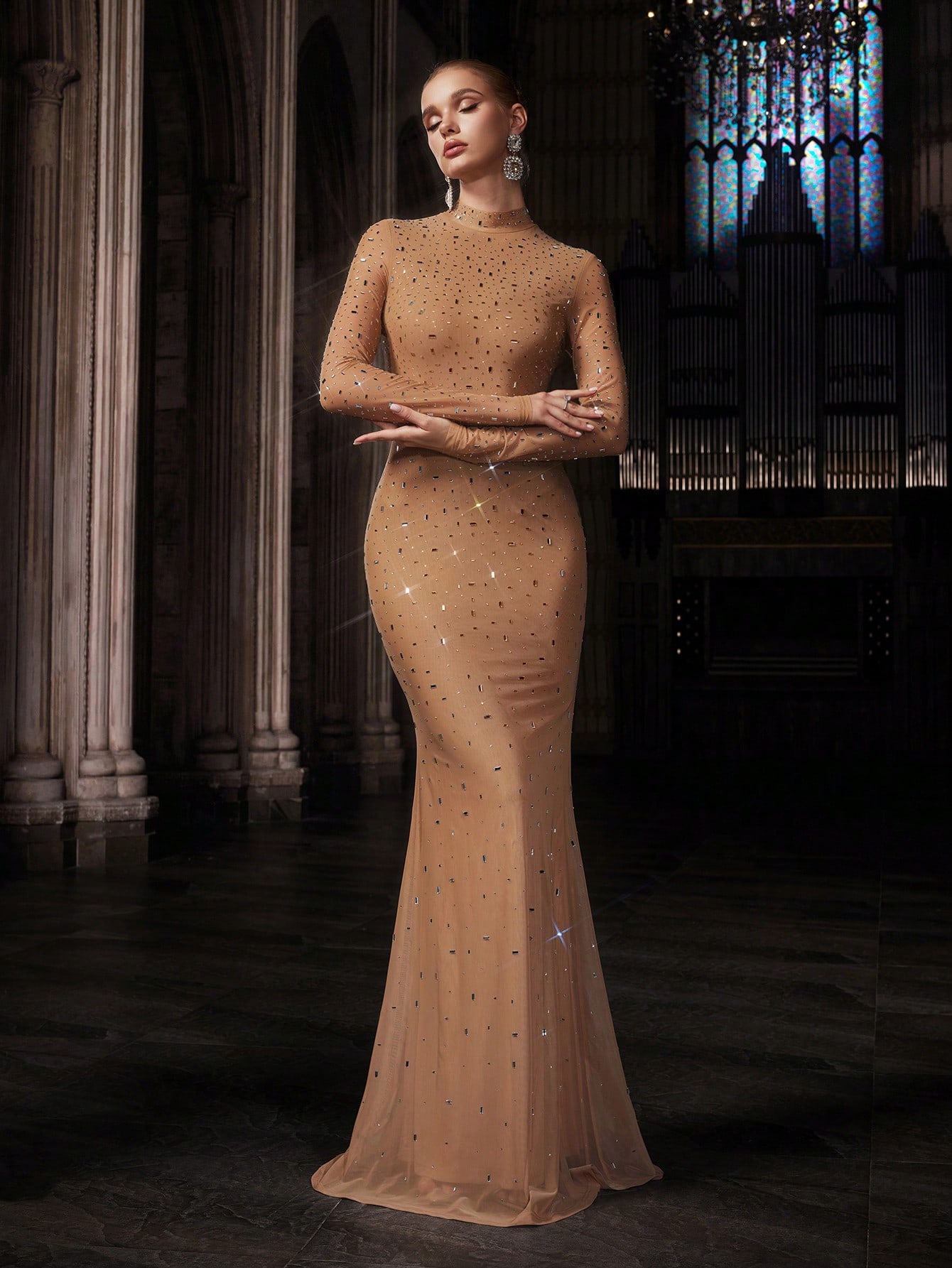 Elegant Temperament Solid Color Hot Drill Rhinestone Stand Collar Long Sleeve Mermaid Gown Dresses For Banquet, Evening Party, Birthday Party