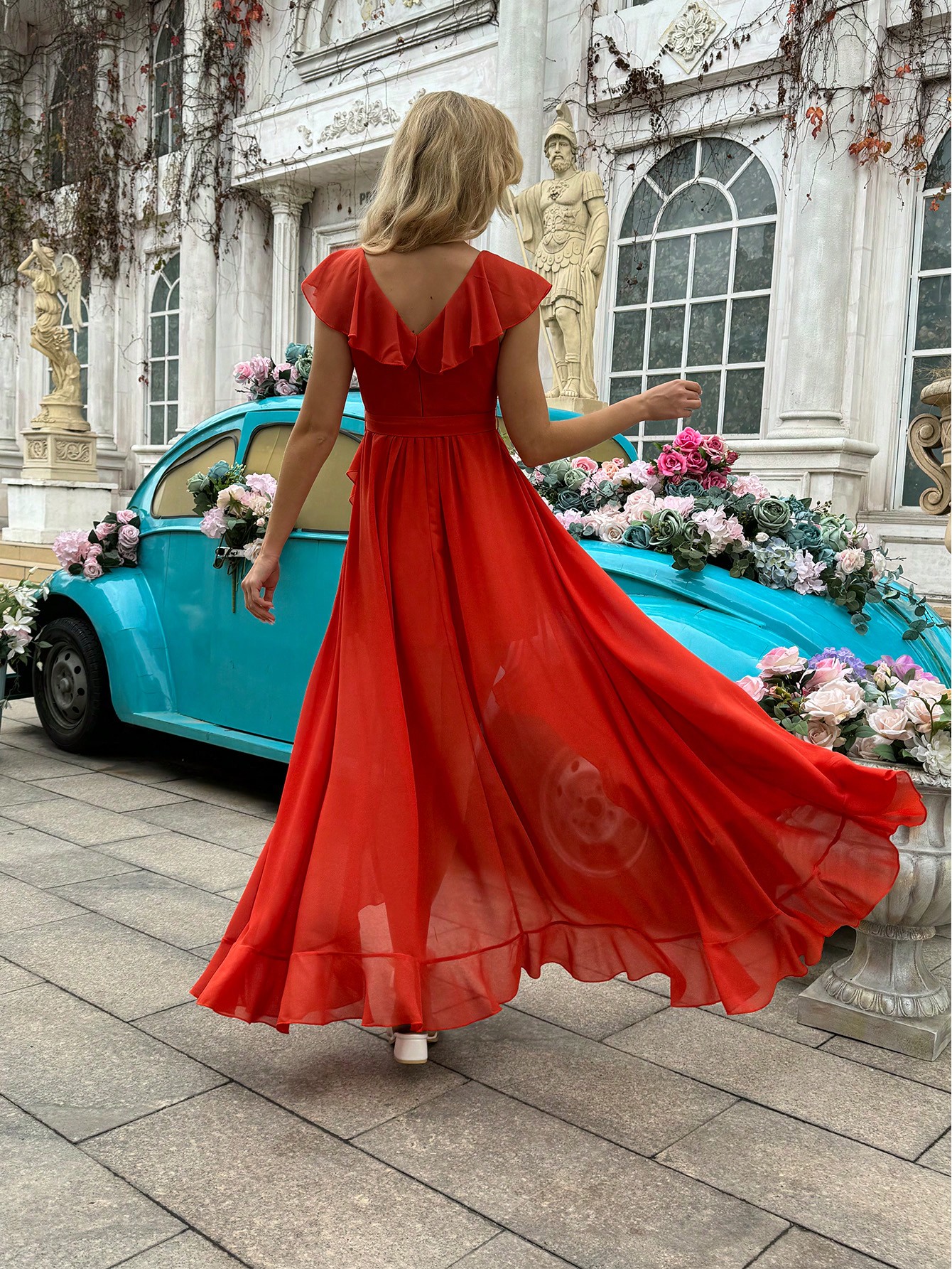 Fashion Daily Style Coral Orange V-Neck Flounce Sleeve Bridesmaid Gown Dresses