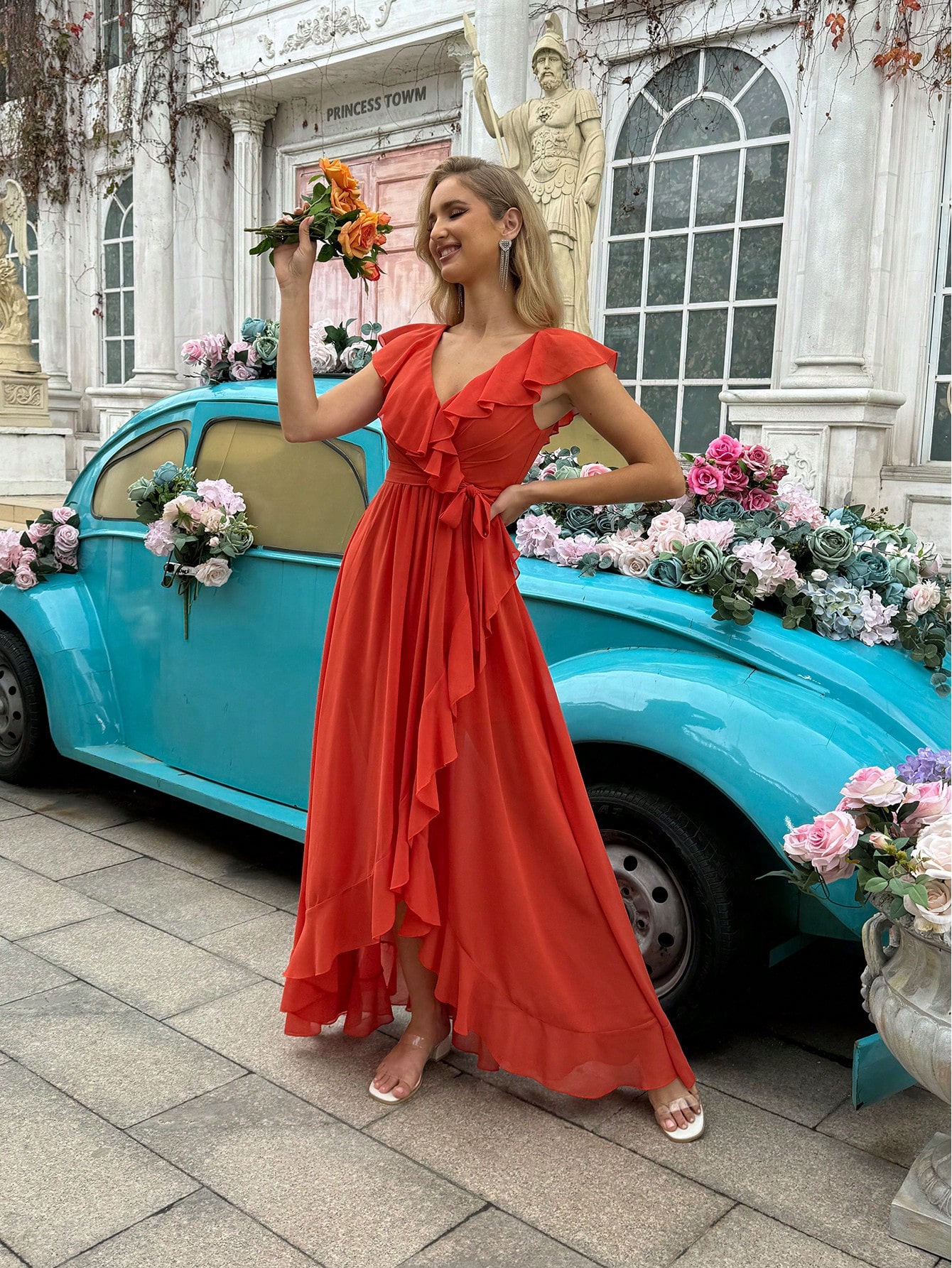 Fashion Daily Style Coral Orange V-Neck Flounce Sleeve Bridesmaid Gown Dresses