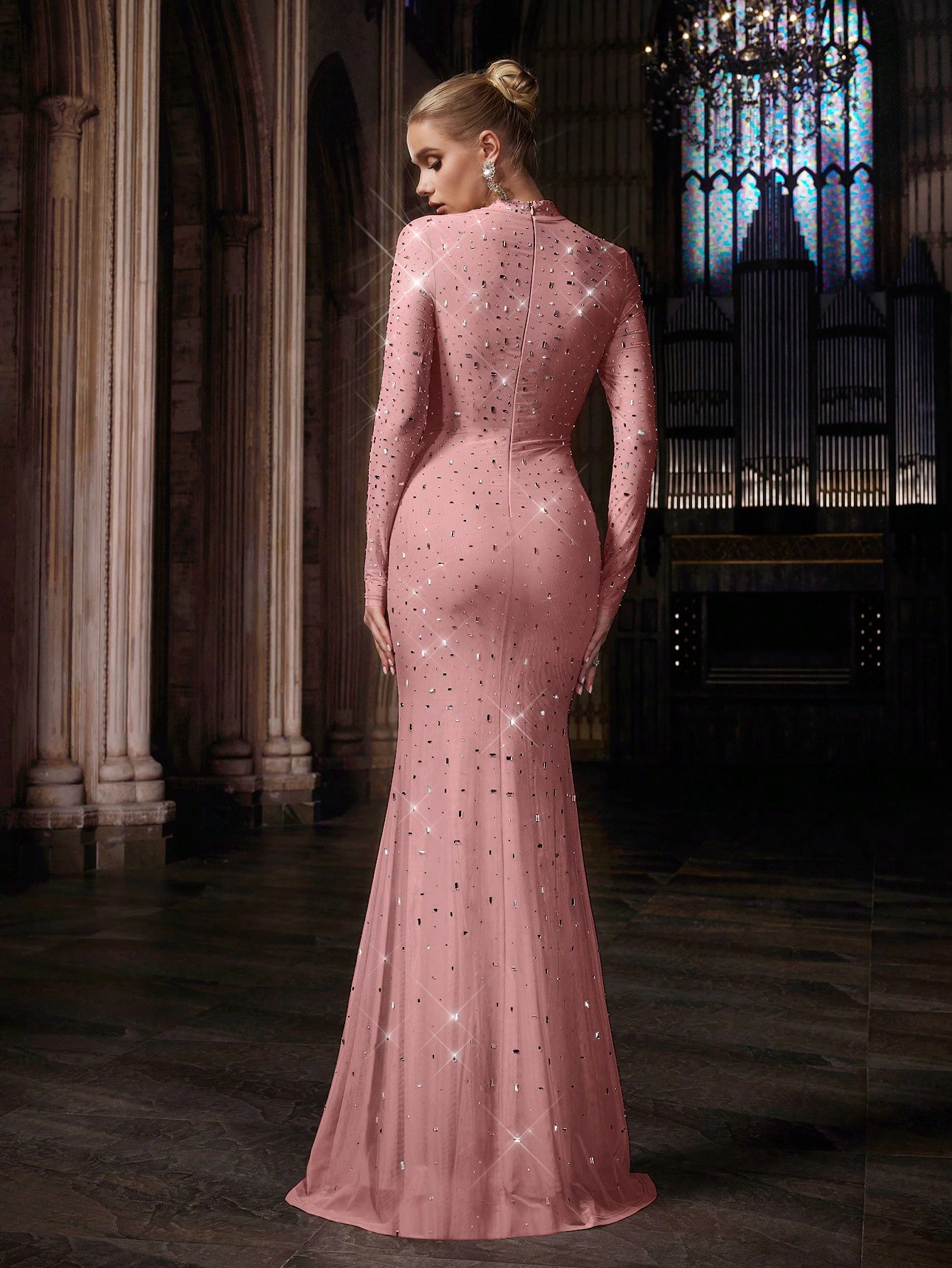 Elegant Temperament Solid Color Hot Drill Rhinestone Stand Collar Long Sleeve Mermaid Gown Dresses For Banquet, Evening Party, Birthday Party