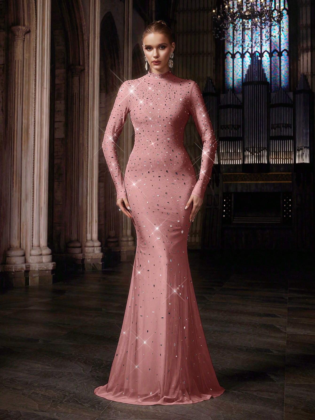 Elegant Temperament Solid Color Hot Drill Rhinestone Stand Collar Long Sleeve Mermaid Gown Dresses For Banquet, Evening Party, Birthday Party