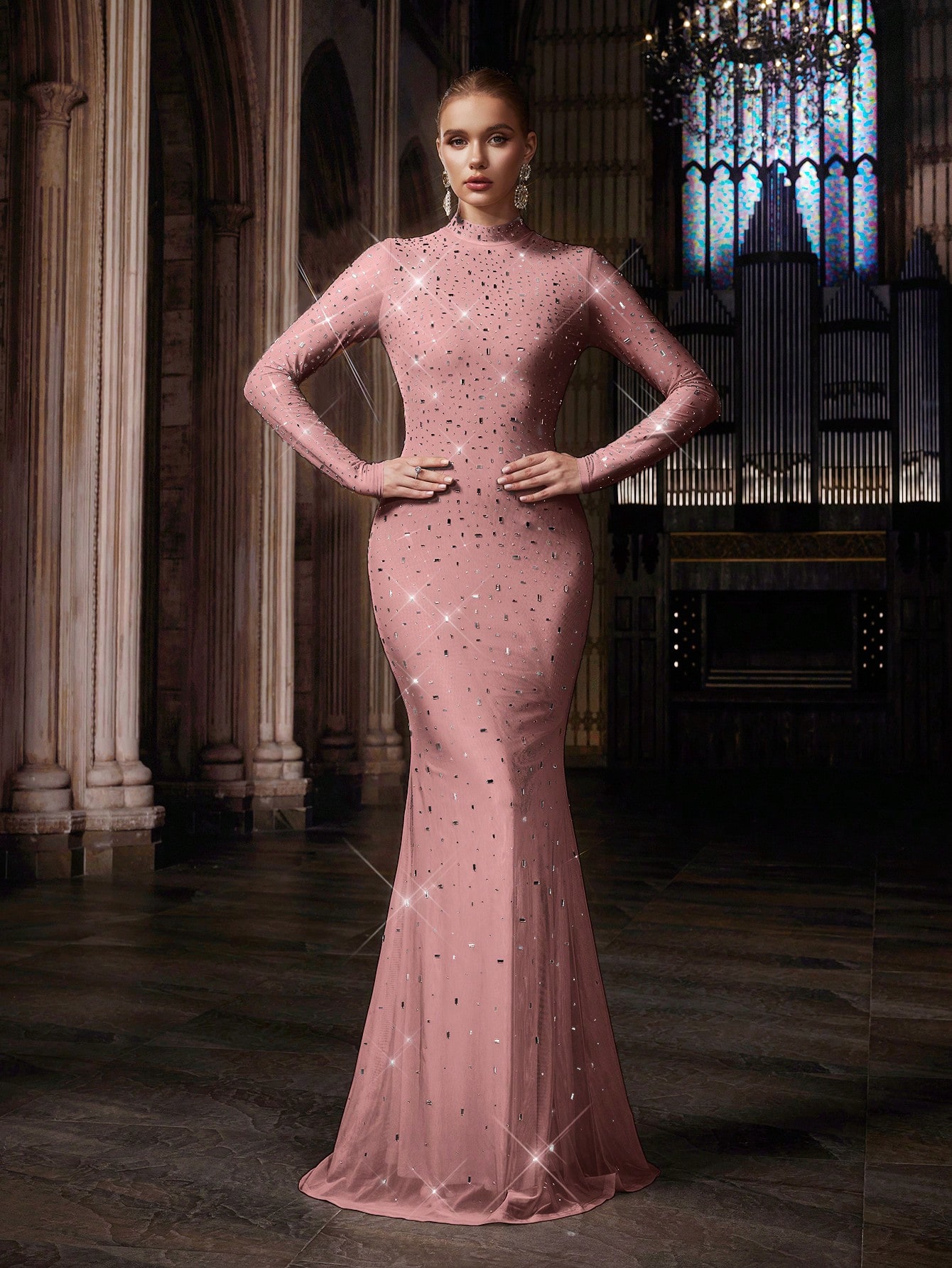 Elegant Temperament Solid Color Hot Drill Rhinestone Stand Collar Long Sleeve Mermaid Gown Dresses For Banquet, Evening Party, Birthday Party