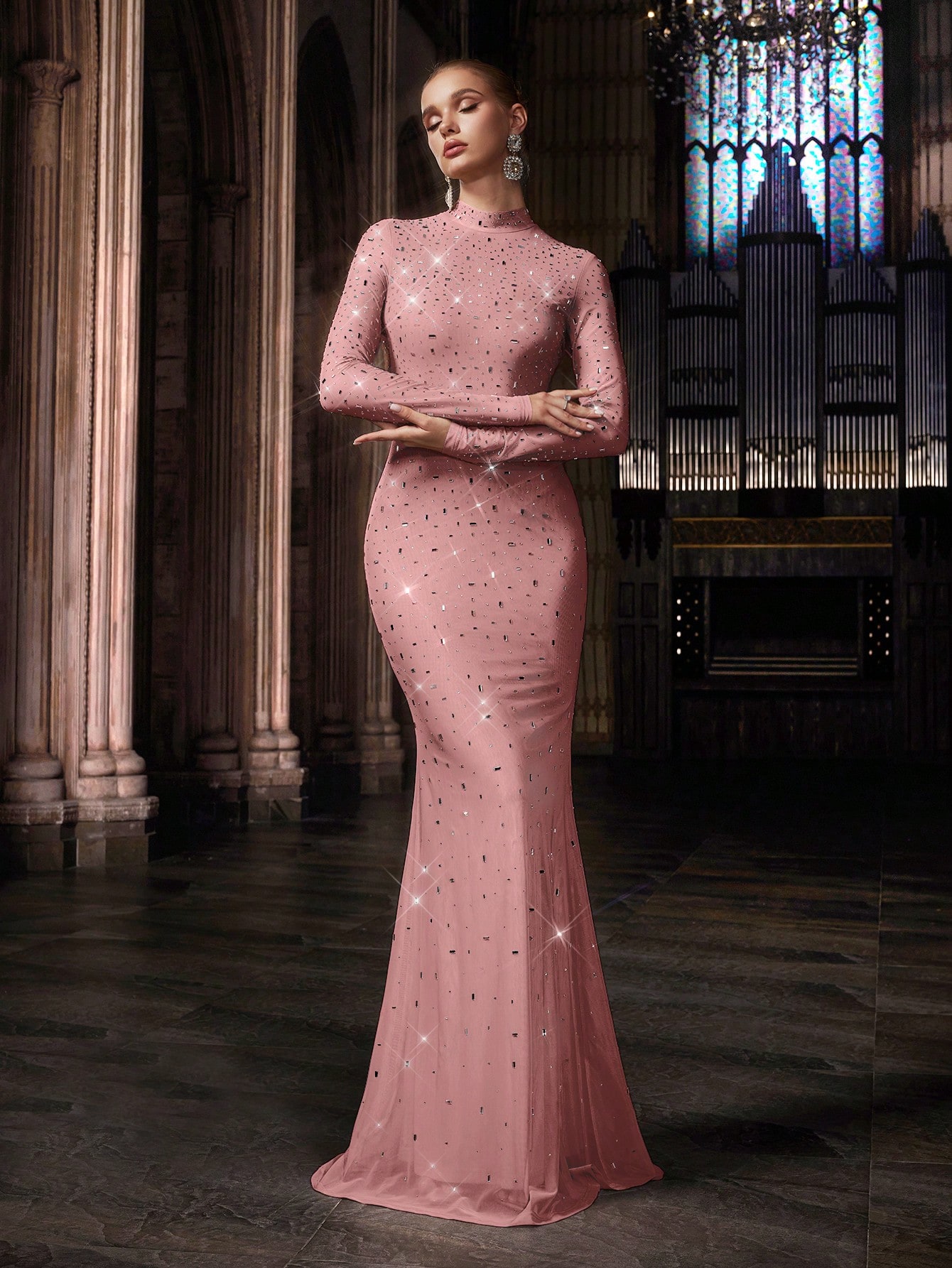 Elegant Temperament Solid Color Hot Drill Rhinestone Stand Collar Long Sleeve Mermaid Gown Dresses For Banquet, Evening Party, Birthday Party