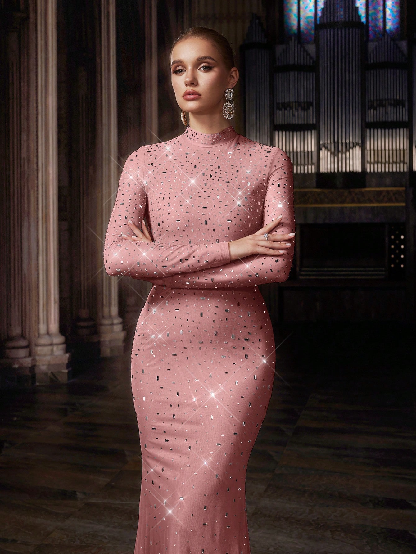 Elegant Temperament Solid Color Hot Drill Rhinestone Stand Collar Long Sleeve Mermaid Gown Dresses For Banquet, Evening Party, Birthday Party