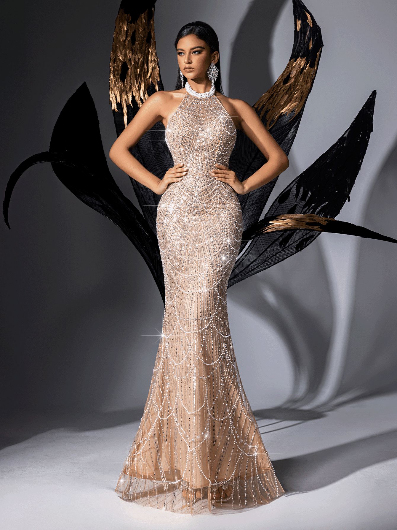 Temperament Goddess Sequins Upscale Evening Gown Women Party Formal Dress Graduation Outfit For Cocktail Party, Galas, Red Carpet, Birthday Party, Graduation Season Prom, Award Ceremony Pure Color Hanging Neck Backless Mermaid Hem Long Dresses