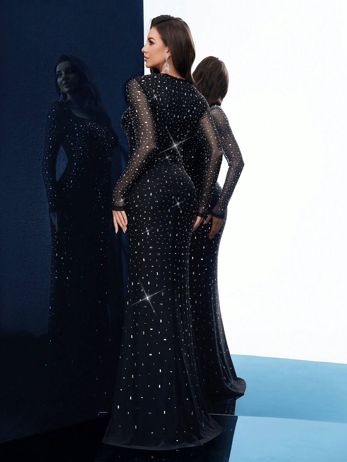 Evening Gown Women Rhinestone Formal Dress For Evening Party, Formal Events, Cocktail Party, Charity Prom, Long Sleeve Fishtail Dresses