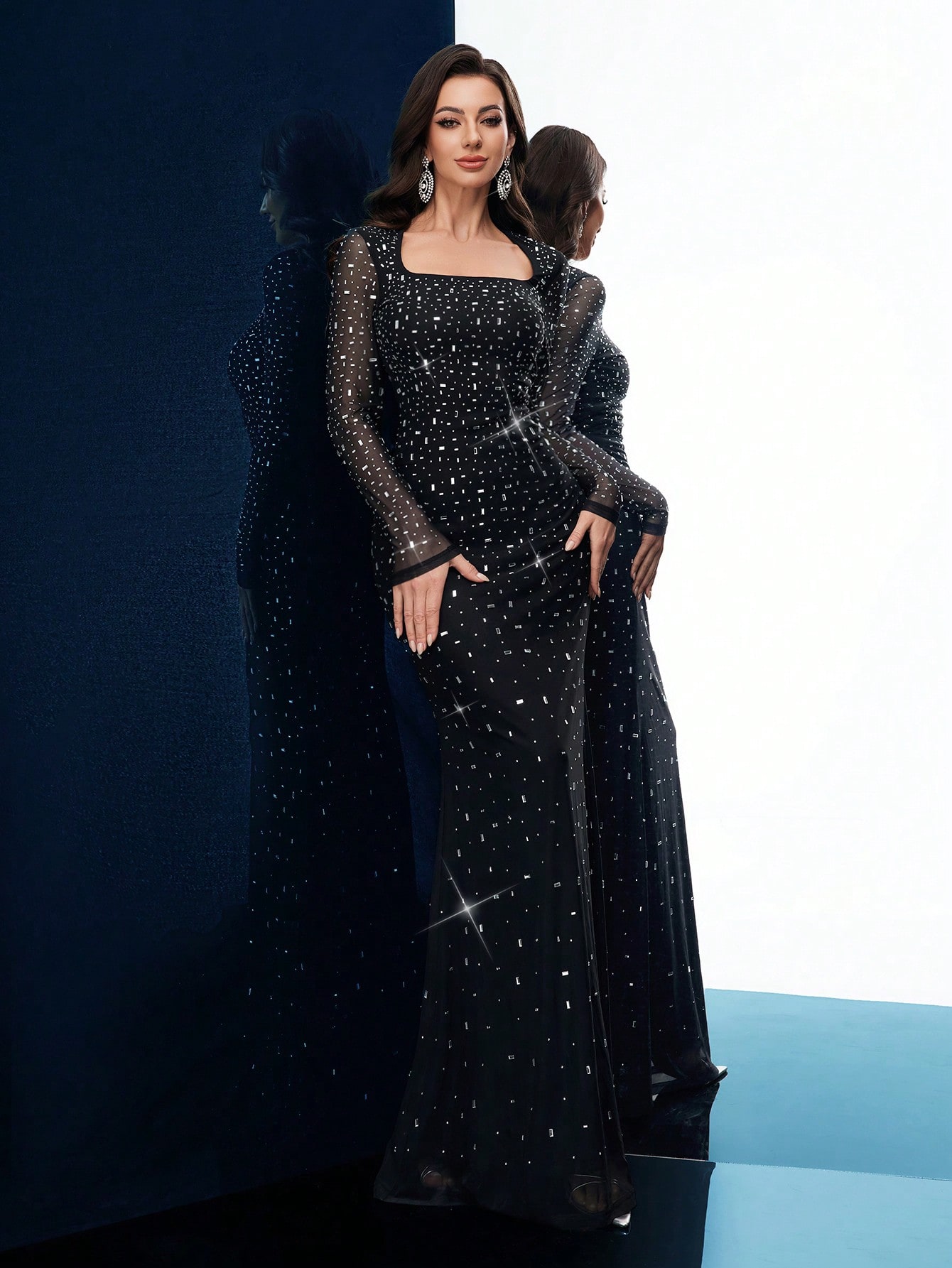 Evening Gown Women Rhinestone Formal Dress For Evening Party, Formal Events, Cocktail Party, Charity Prom, Long Sleeve Fishtail Dresses