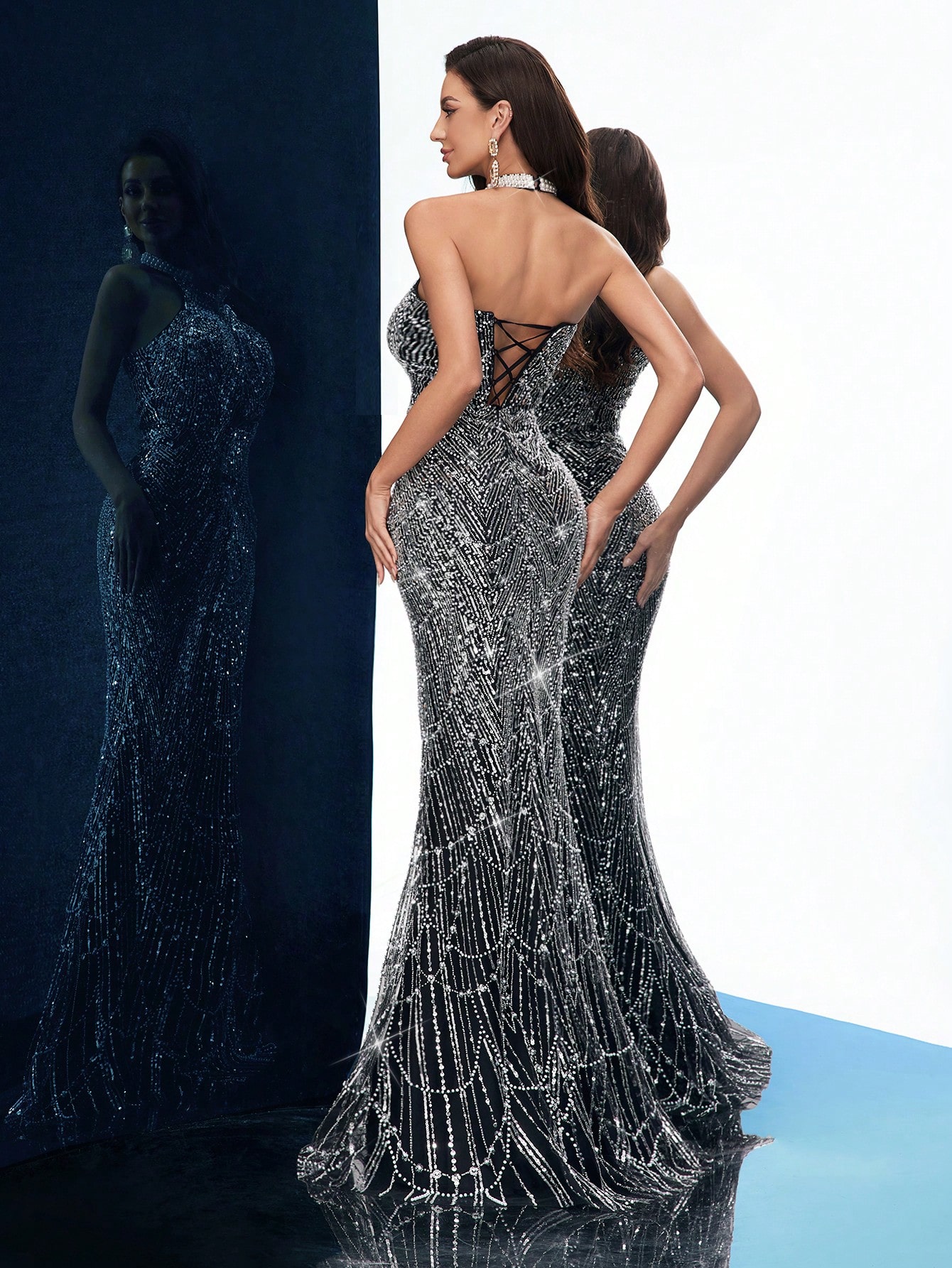 Temperament Goddess Sequins Upscale Evening Gown Women Party Formal Dress Graduation Outfit For Cocktail Party, Galas, Red Carpet, Birthday Party, Graduation Season Prom, Award Ceremony Pure Color Hanging Neck Backless Mermaid Hem Long Dresses