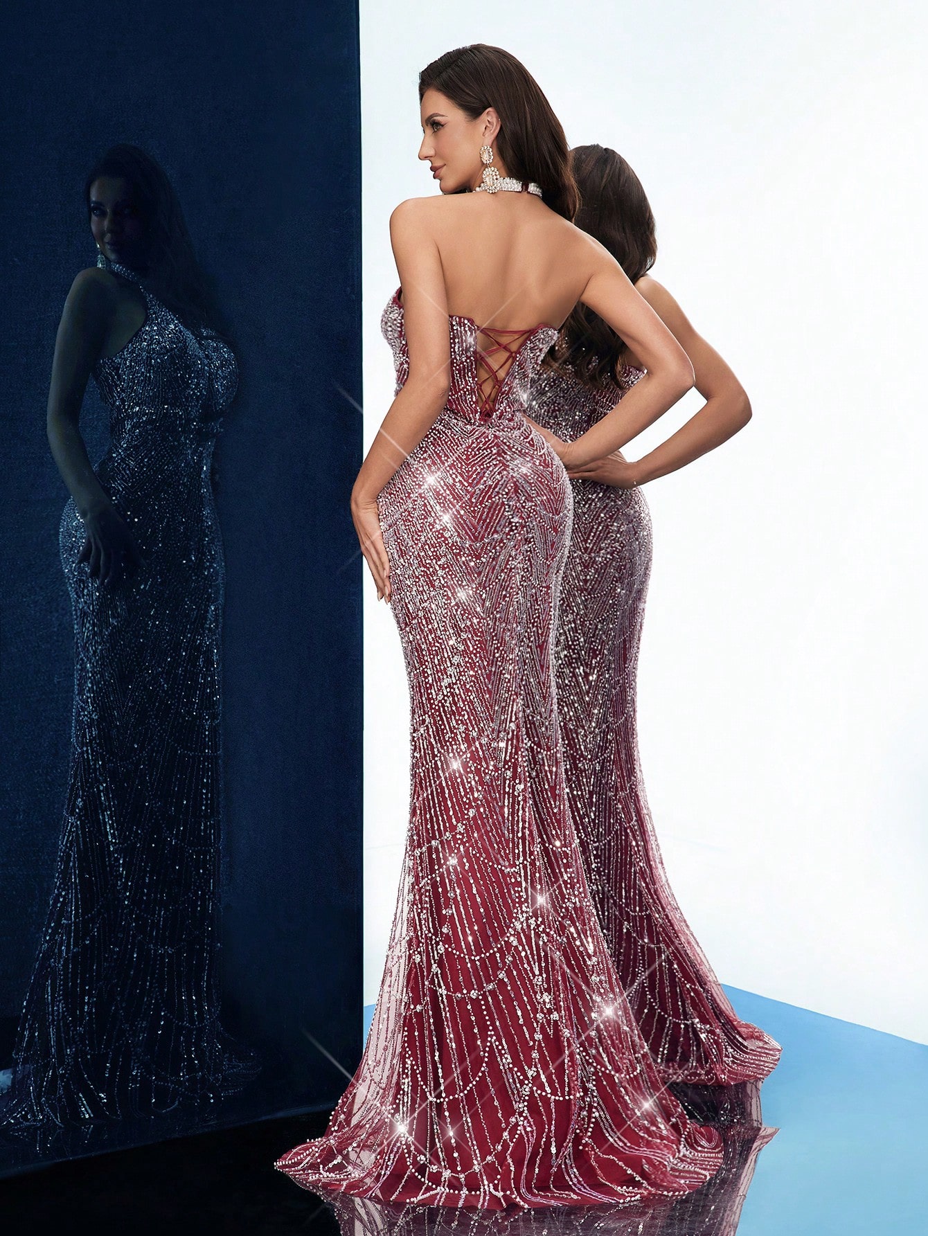 Temperament Goddess Sequins Upscale Evening Gown Women Party Formal Dress Graduation Outfit For Cocktail Party, Galas, Red Carpet, Birthday Party, Graduation Season Prom, Award Ceremony Pure Color Hanging Neck Backless Mermaid Hem Long Dresses