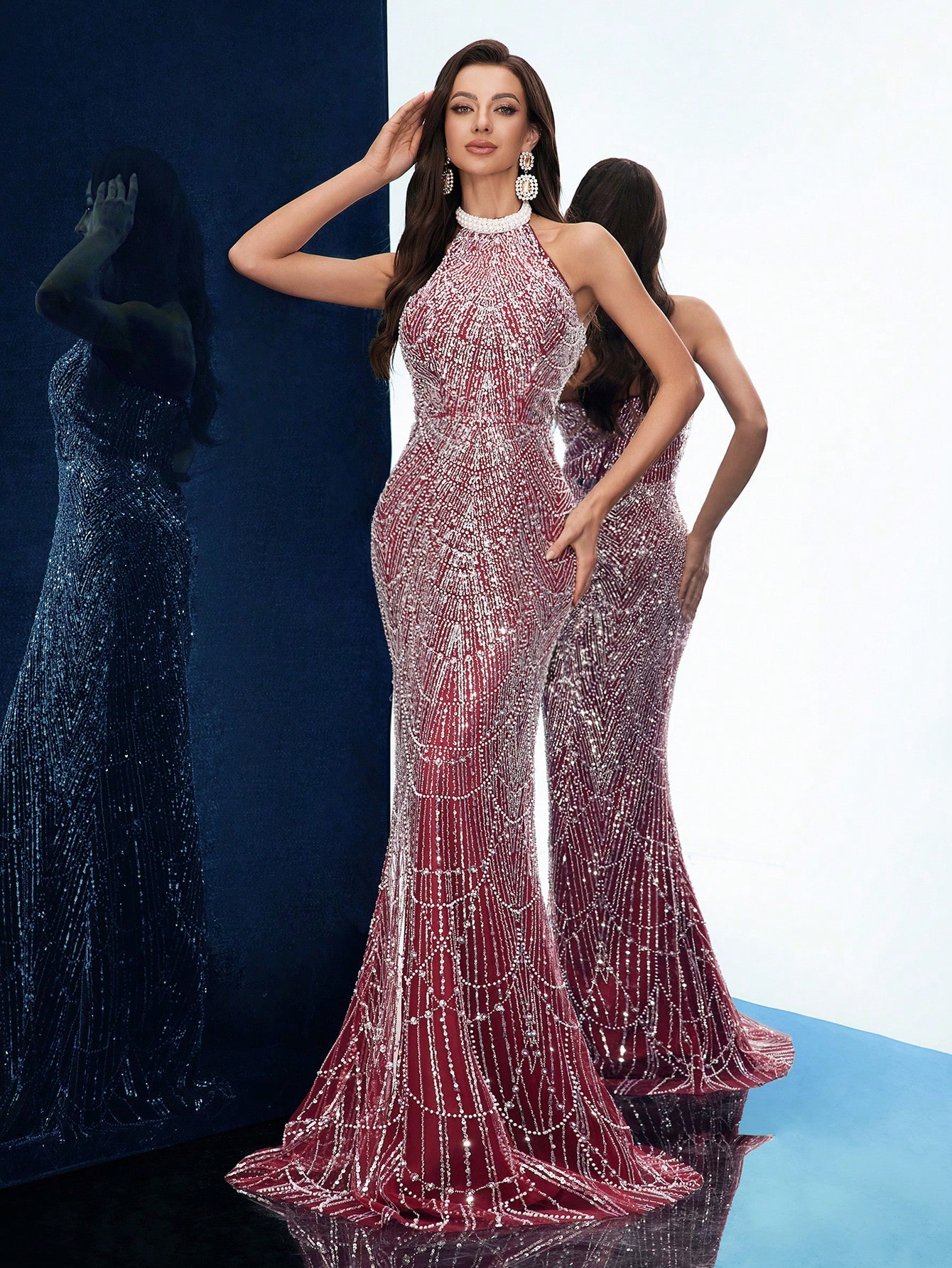Temperament Goddess Sequins Upscale Evening Gown Women Party Formal Dress Graduation Outfit For Cocktail Party, Galas, Red Carpet, Birthday Party, Graduation Season Prom, Award Ceremony Pure Color Hanging Neck Backless Mermaid Hem Long Dresses