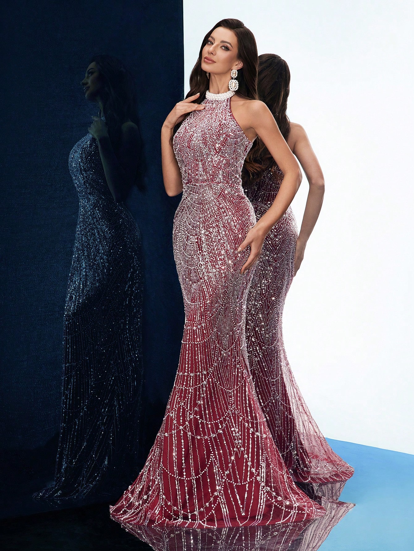 Temperament Goddess Sequins Upscale Evening Gown Women Party Formal Dress Graduation Outfit For Cocktail Party, Galas, Red Carpet, Birthday Party, Graduation Season Prom, Award Ceremony Pure Color Hanging Neck Backless Mermaid Hem Long Dresses
