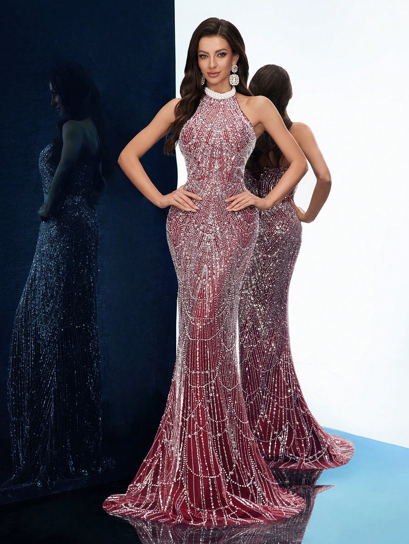 Temperament Goddess Sequins Upscale Evening Gown Women Party Formal Dress Graduation Outfit For Cocktail Party, Galas, Red Carpet, Birthday Party, Graduation Season Prom, Award Ceremony Pure Color Hanging Neck Backless Mermaid Hem Long Dresses