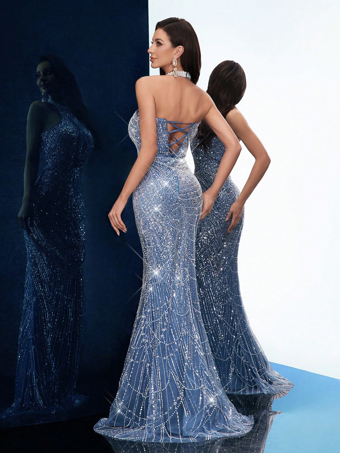 Temperament Goddess Sequins Upscale Evening Gown Women Party Formal Dress Graduation Outfit For Cocktail Party, Galas, Red Carpet, Birthday Party, Graduation Season Prom, Award Ceremony Pure Color Hanging Neck Backless Mermaid Hem Long Dresses