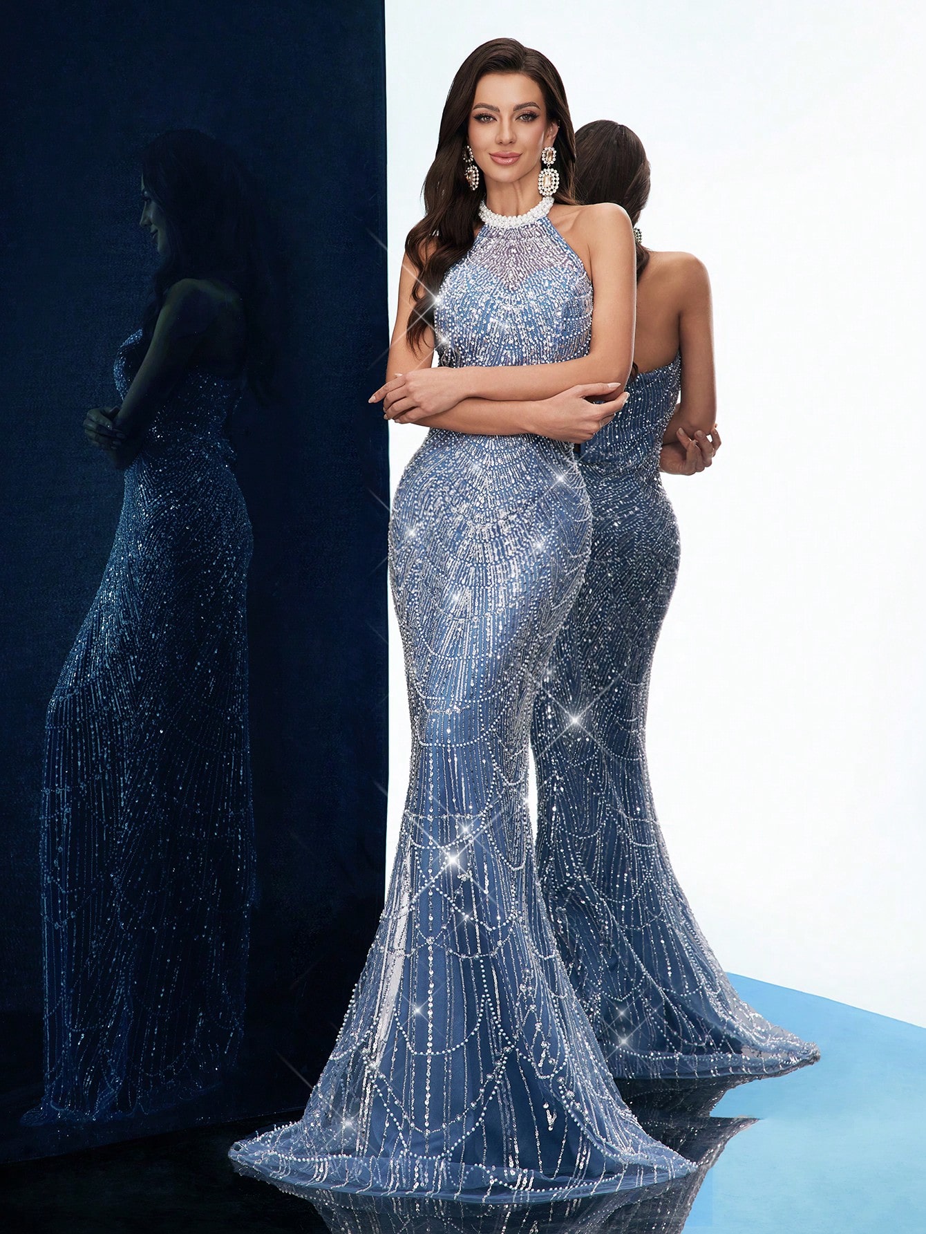 Temperament Goddess Sequins Upscale Evening Gown Women Party Formal Dress Graduation Outfit For Cocktail Party, Galas, Red Carpet, Birthday Party, Graduation Season Prom, Award Ceremony Pure Color Hanging Neck Backless Mermaid Hem Long Dresses