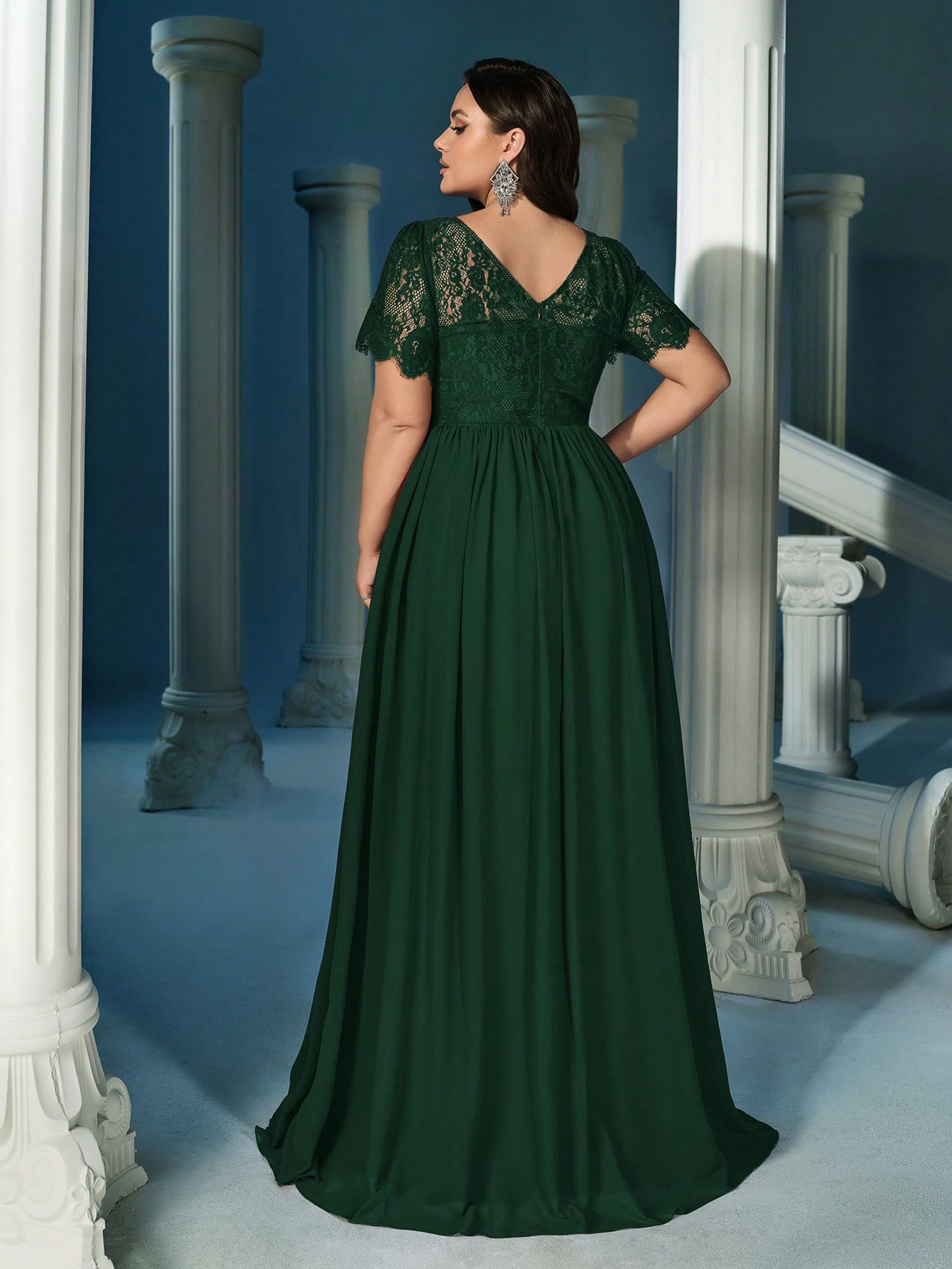 Elegant Temperament Plus Size Bridesmaid Dresses Women Formal Dress For Formal Events, Wedding Guest Pure Color Splicing Lace Short Sleeve Weddings Gown