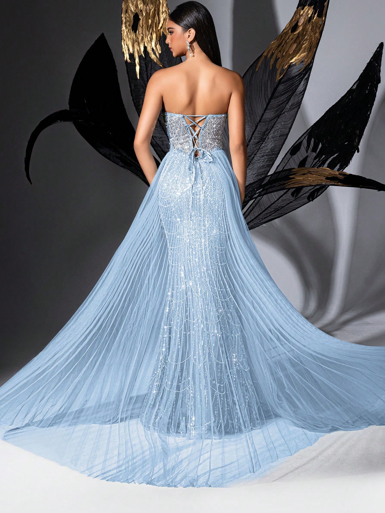 Glamour Goddess Sequin Party Formal Dress Luxury Women Evening Gown For Red Carpet, Birthday Party, Graduation Season Prom, Galas, Charity Prom, Award Ceremony Solid Color Strapless Mesh Lace-Up Slit Gowns