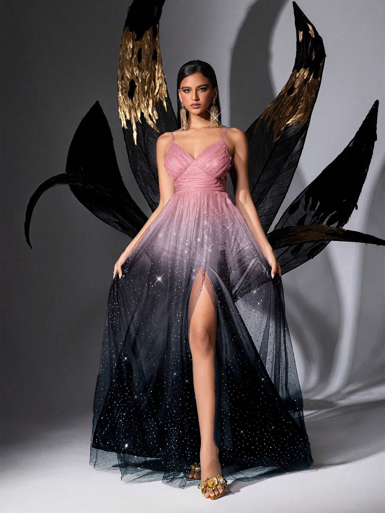 Goddess Temperament Summer Sequins Formal Dress Upscale Evening Gown For Graduation Season Prom, Galas, Dinner Party, Fiesta, Birthday Party, Award Ceremony Gradient Color Mesh Slit Sling Long Dresses