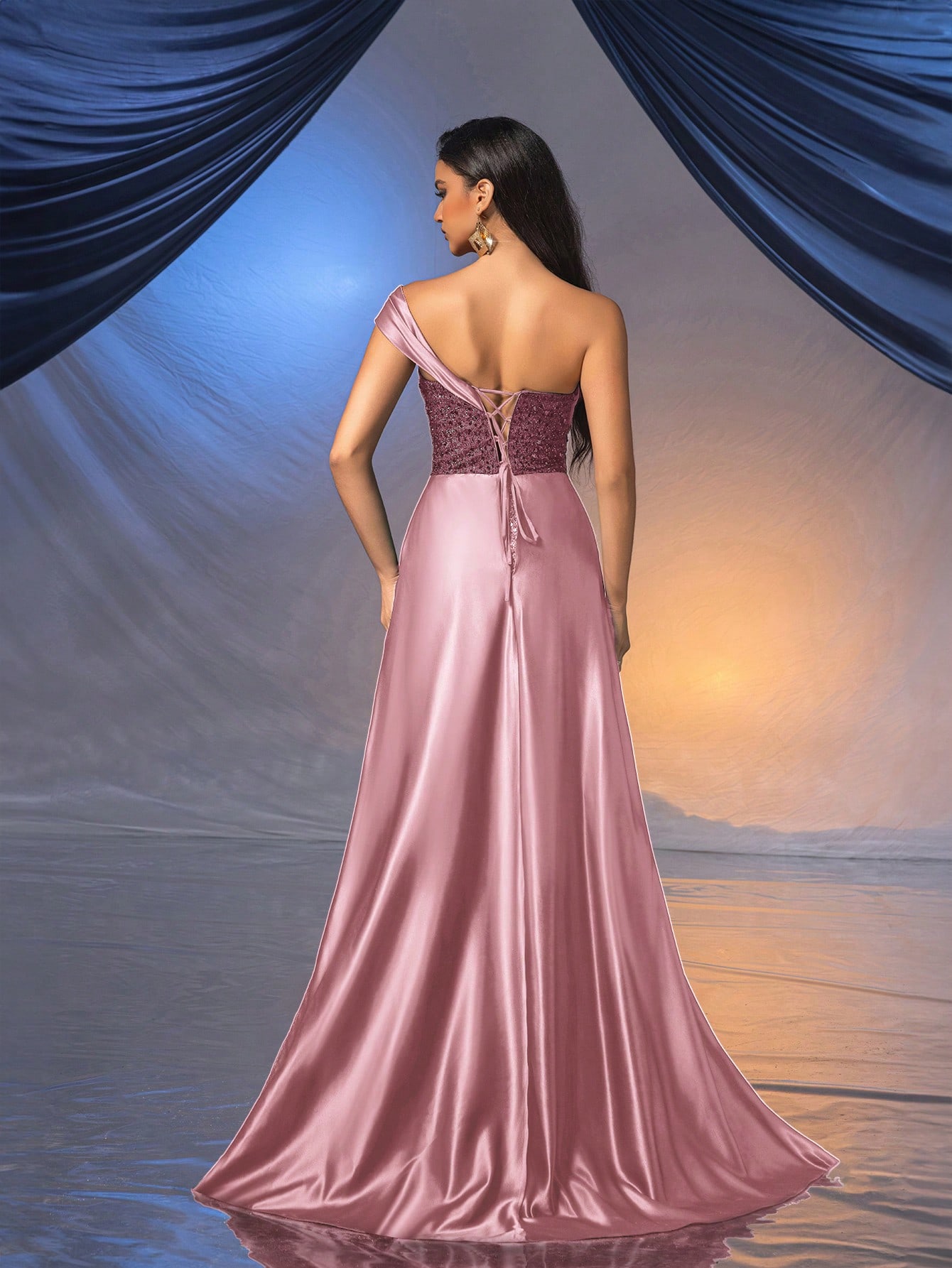 Romantic Glamorous Women Sequin Formal Dress Summer Evening Gown For Dinner Party, Wedding Guest, Prom,Graduation Ceremony Solid Color Dipped Neckline Slit Dresses