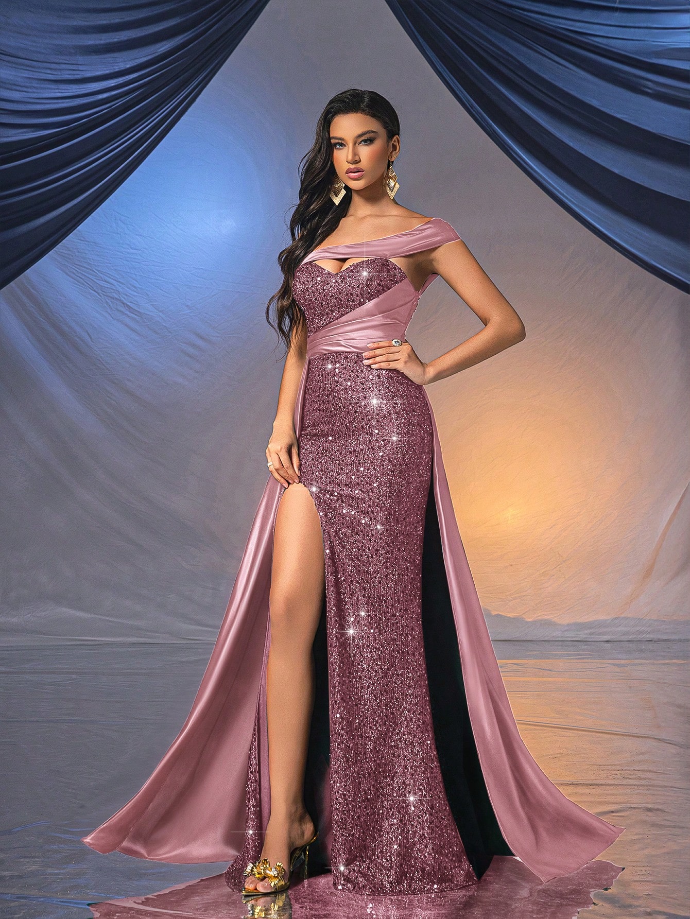 Romantic Glamorous Women Sequin Formal Dress Summer Evening Gown For Dinner Party, Wedding Guest, Prom,Graduation Ceremony Solid Color Dipped Neckline Slit Dresses