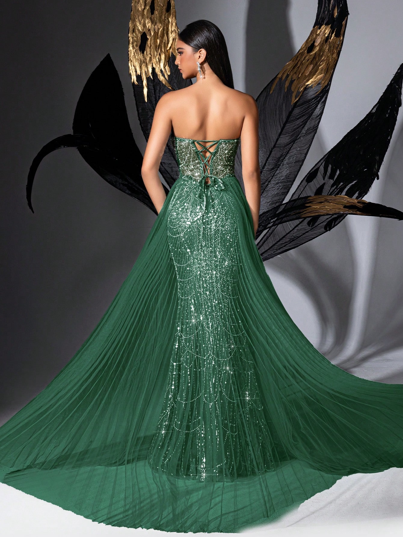 Glamour Goddess Sequin Party Formal Dress Luxury Women Evening Gown For Red Carpet, Birthday Party, Graduation Season Prom, Galas, Charity Prom, Award Ceremony Solid Color Strapless Mesh Lace-Up Slit Gowns