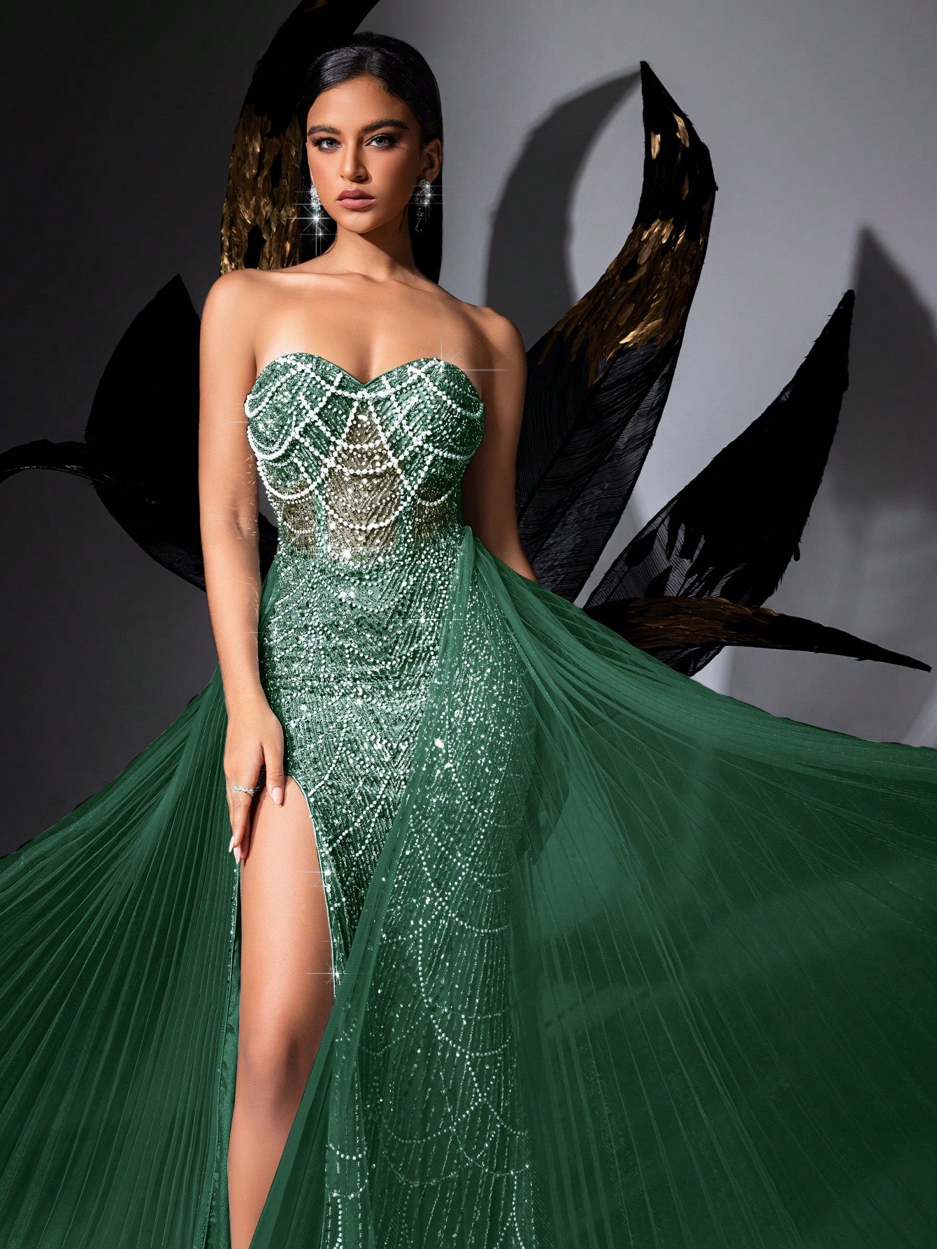 Glamour Goddess Sequin Party Formal Dress Luxury Women Evening Gown For Red Carpet, Birthday Party, Graduation Season Prom, Galas, Charity Prom, Award Ceremony Solid Color Strapless Mesh Lace-Up Slit Gowns