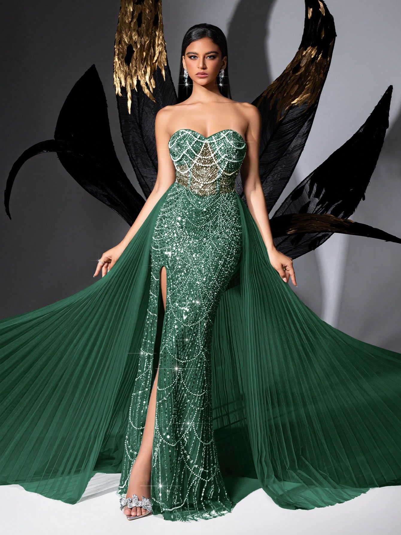 Glamour Goddess Sequin Party Formal Dress Luxury Women Evening Gown For Red Carpet, Birthday Party, Graduation Season Prom, Galas, Charity Prom, Award Ceremony Solid Color Strapless Mesh Lace-Up Slit Gowns