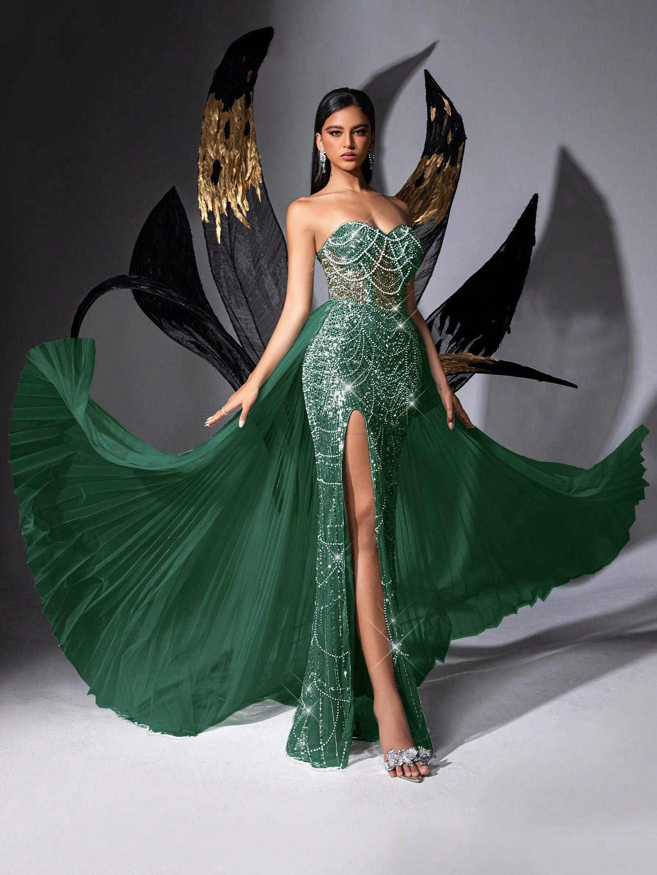 Glamour Goddess Sequin Party Formal Dress Luxury Women Evening Gown For Red Carpet, Birthday Party, Graduation Season Prom, Galas, Charity Prom, Award Ceremony Solid Color Strapless Mesh Lace-Up Slit Gowns