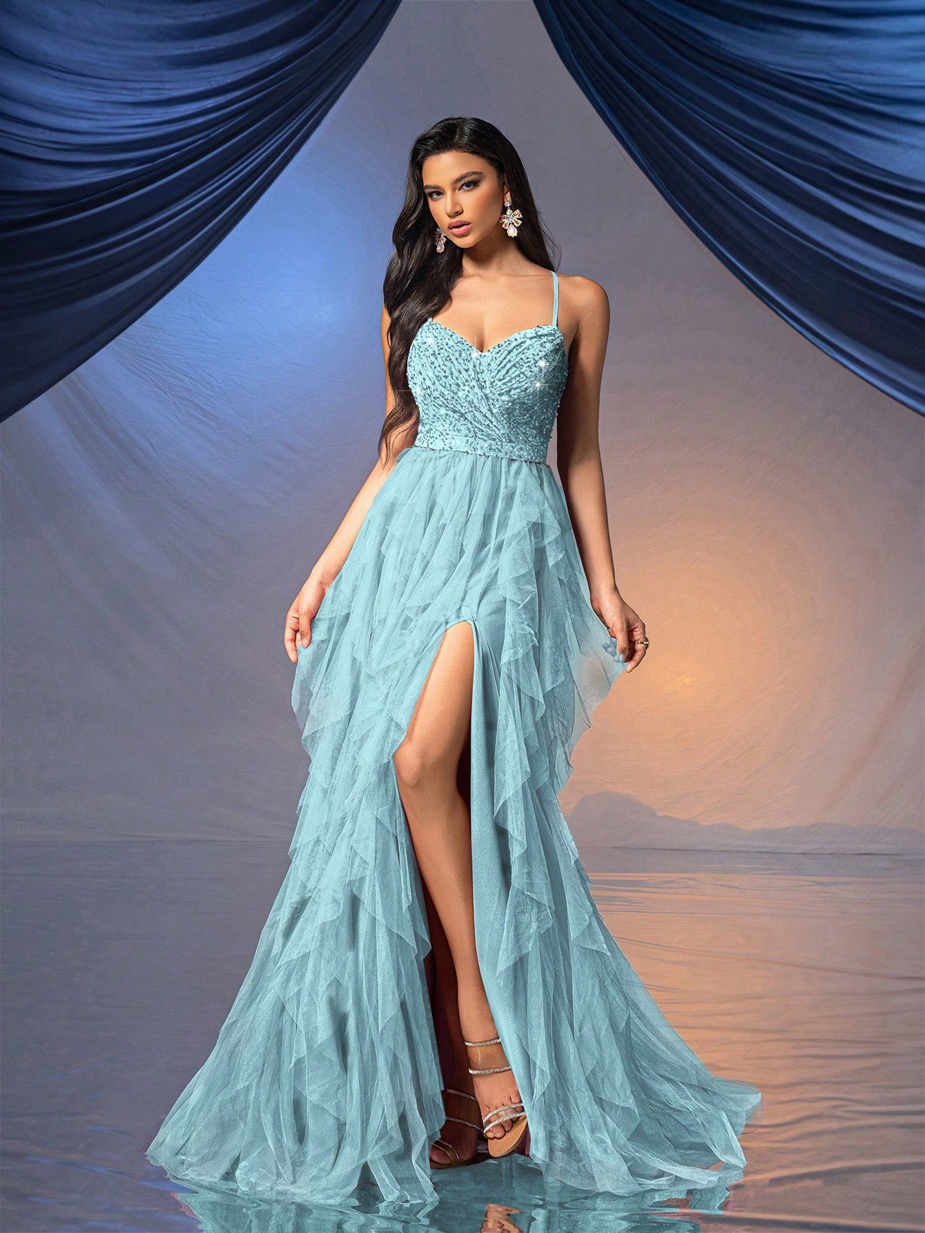 Fairy Style Women Formal Dress Romantic Evening Gown For Wedding Events, Cocktail Party, Charity Balls Pure Color Backless Sequined Mesh Dress Ballgown