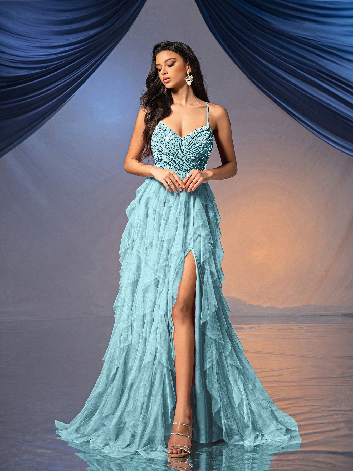 Fairy Style Women Formal Dress Romantic Evening Gown For Wedding Events, Cocktail Party, Charity Balls Pure Color Backless Sequined Mesh Dress Ballgown