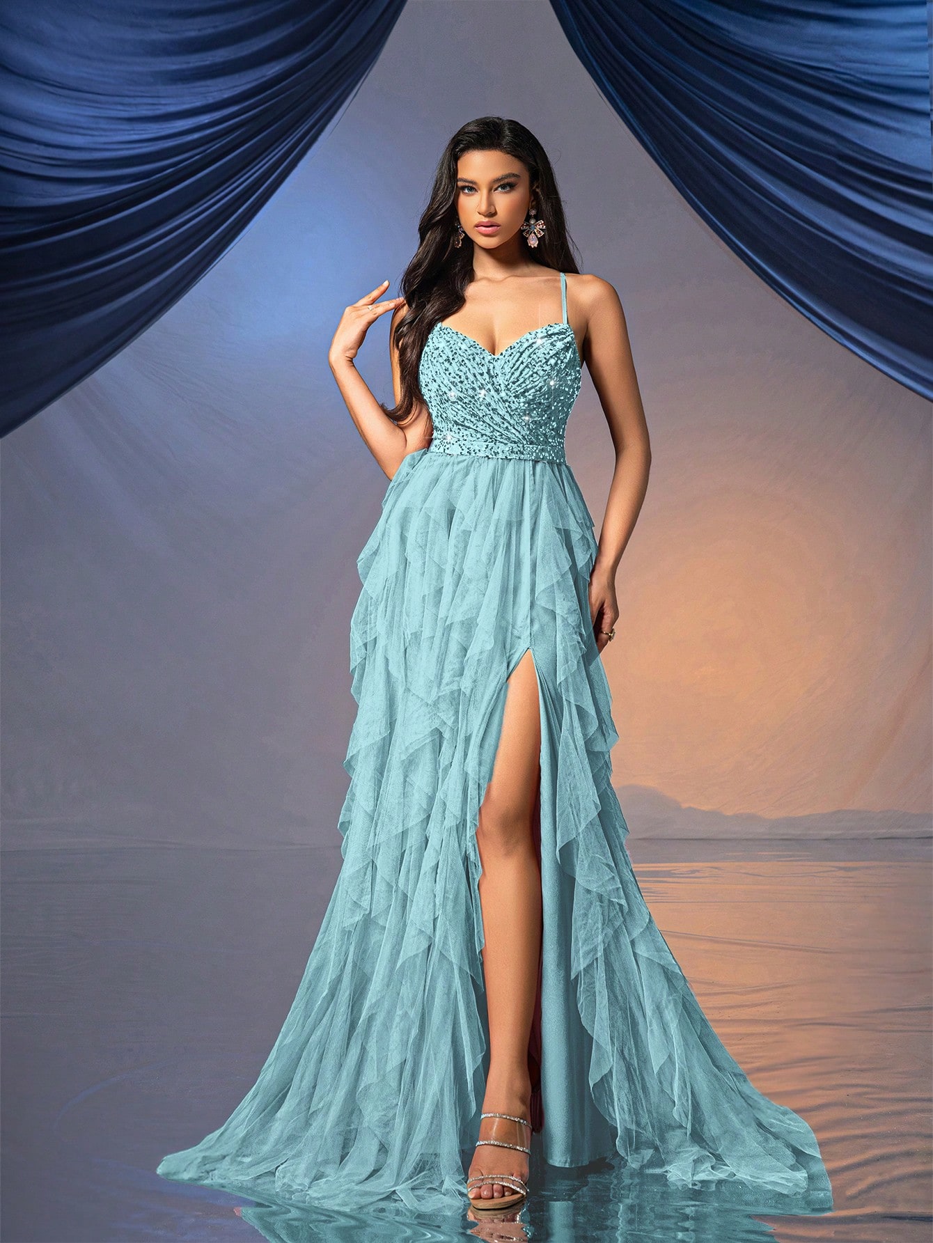 Fairy Style Women Formal Dress Romantic Evening Gown For Wedding Events, Cocktail Party, Charity Balls Pure Color Backless Sequined Mesh Dress Ballgown