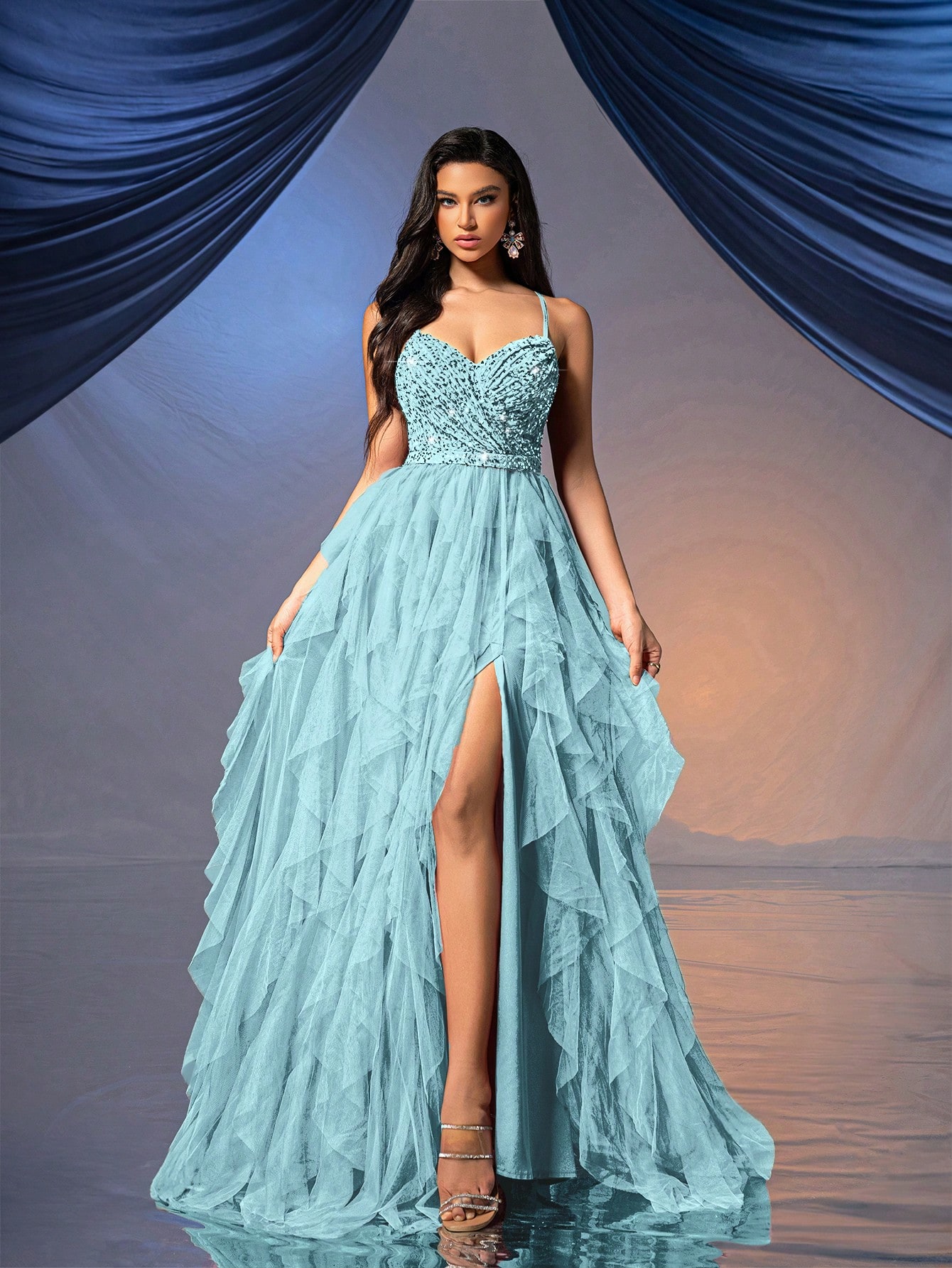 Fairy Style Women Formal Dress Romantic Evening Gown For Wedding Events, Cocktail Party, Charity Balls Pure Color Backless Sequined Mesh Dress Ballgown