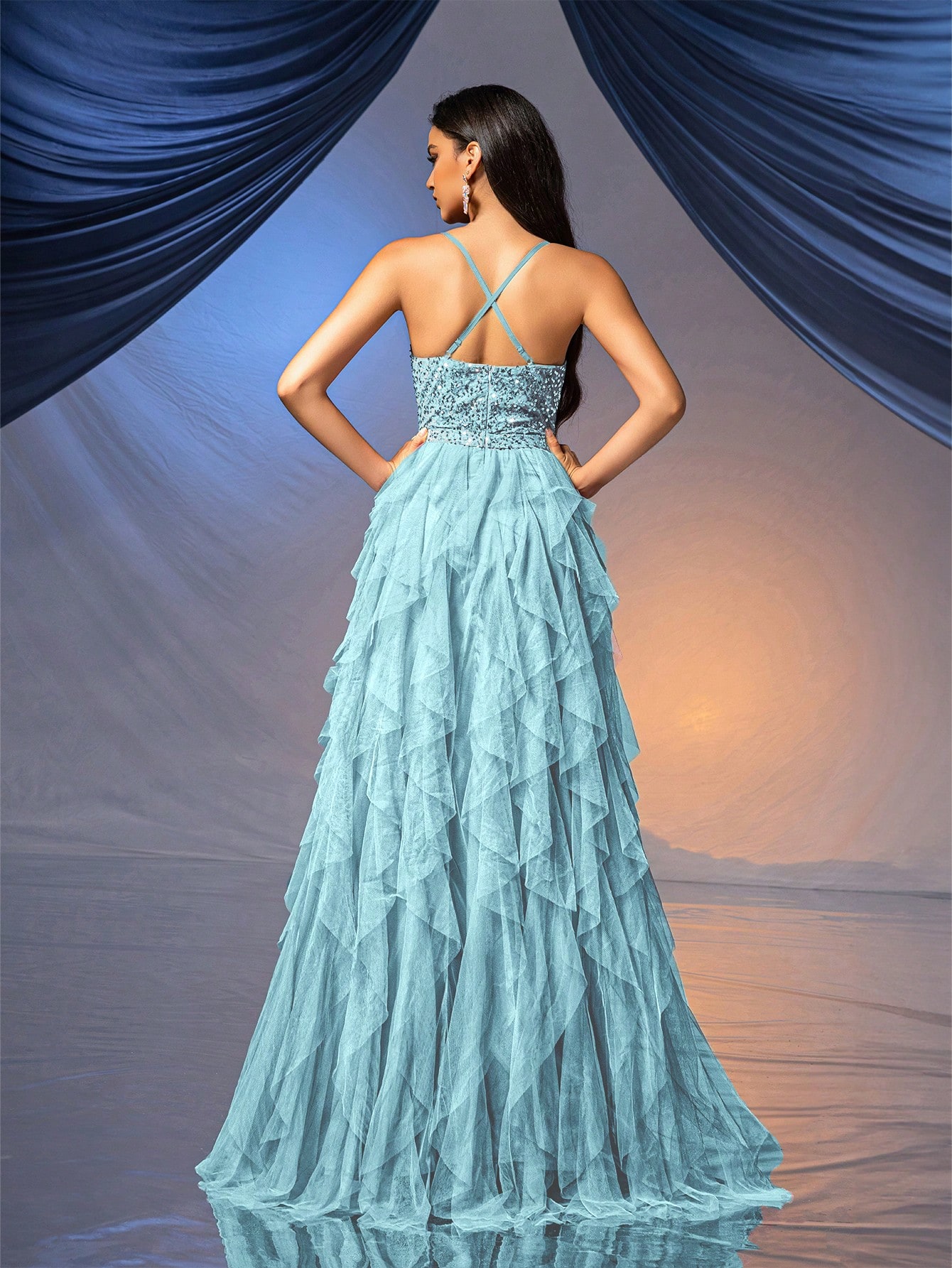 Fairy Style Women Formal Dress Romantic Evening Gown For Wedding Events, Cocktail Party, Charity Balls Pure Color Backless Sequined Mesh Dress Ballgown