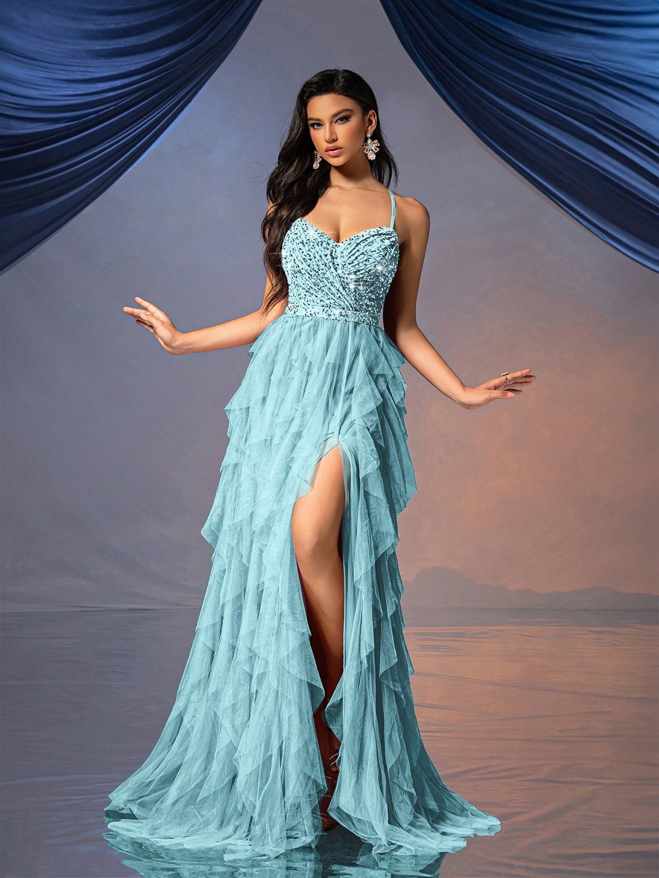 Fairy Style Women Formal Dress Romantic Evening Gown For Wedding Events, Cocktail Party, Charity Balls Pure Color Backless Sequined Mesh Dress Ballgown