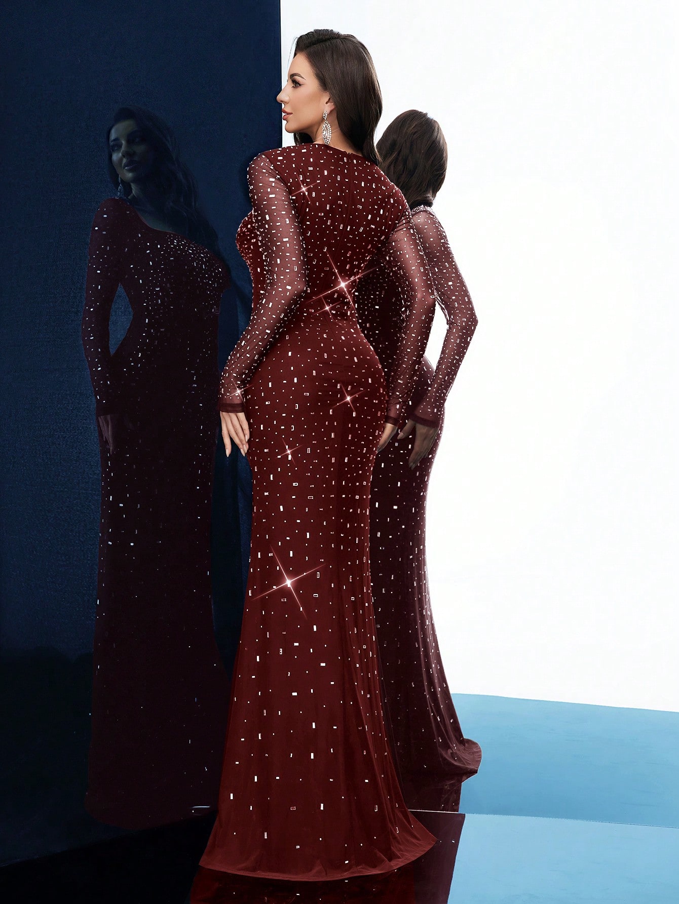 Evening Gown Women Rhinestone Formal Dress For Evening Party, Formal Events, Cocktail Party, Charity Prom, Long Sleeve Fishtail Dresses