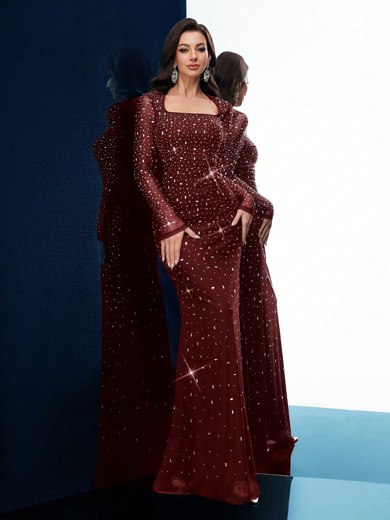 Evening Gown Women Rhinestone Formal Dress For Evening Party, Formal Events, Cocktail Party, Charity Prom, Long Sleeve Fishtail Dresses