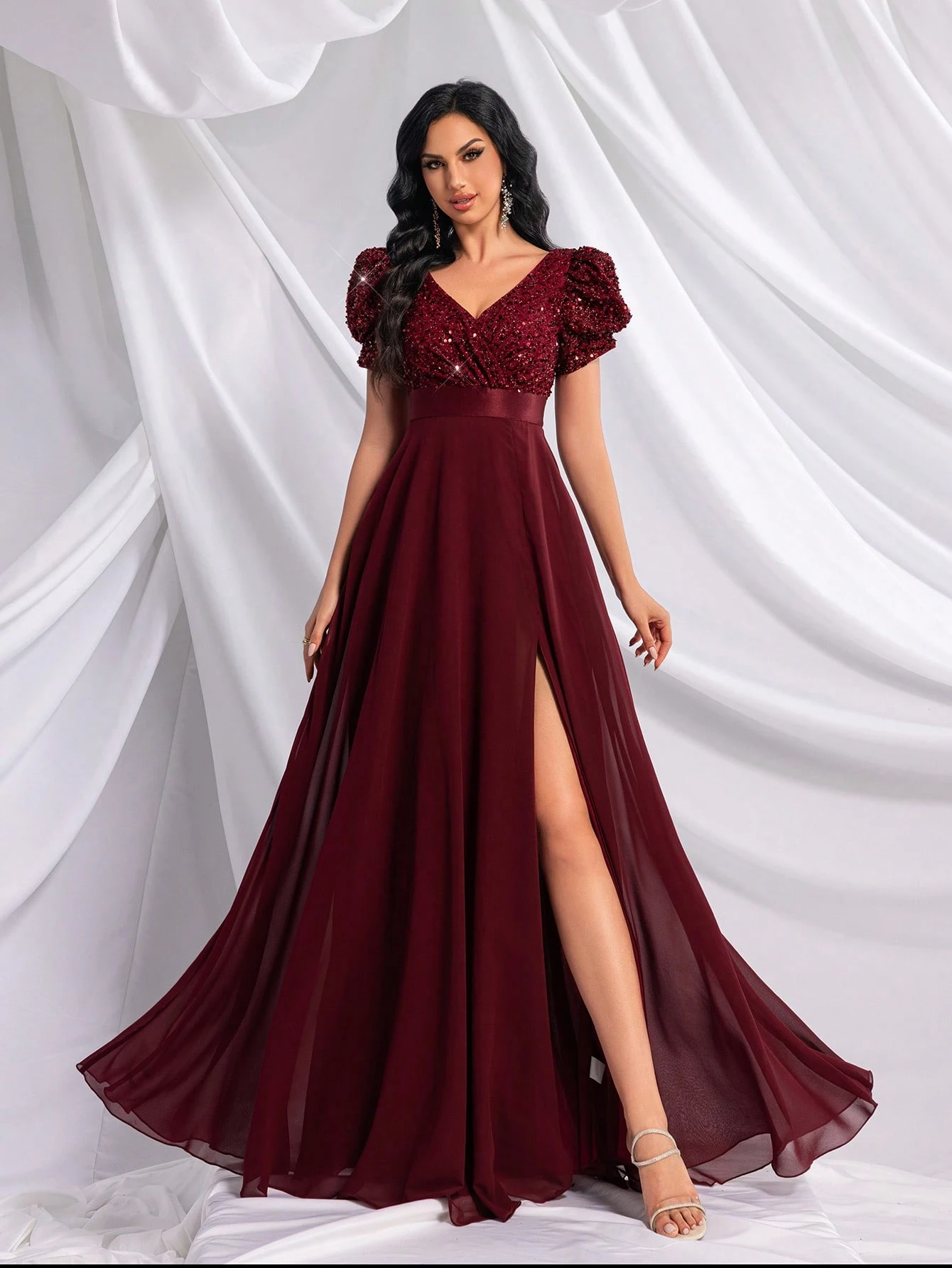 Princess Style Elegant Women Solid Color Sequin Embellished V-Neck Slit Sleeve Evening Gown For Birthday Party, Galas, Dinner Party, Cocktail Party, Anniversary Celebration