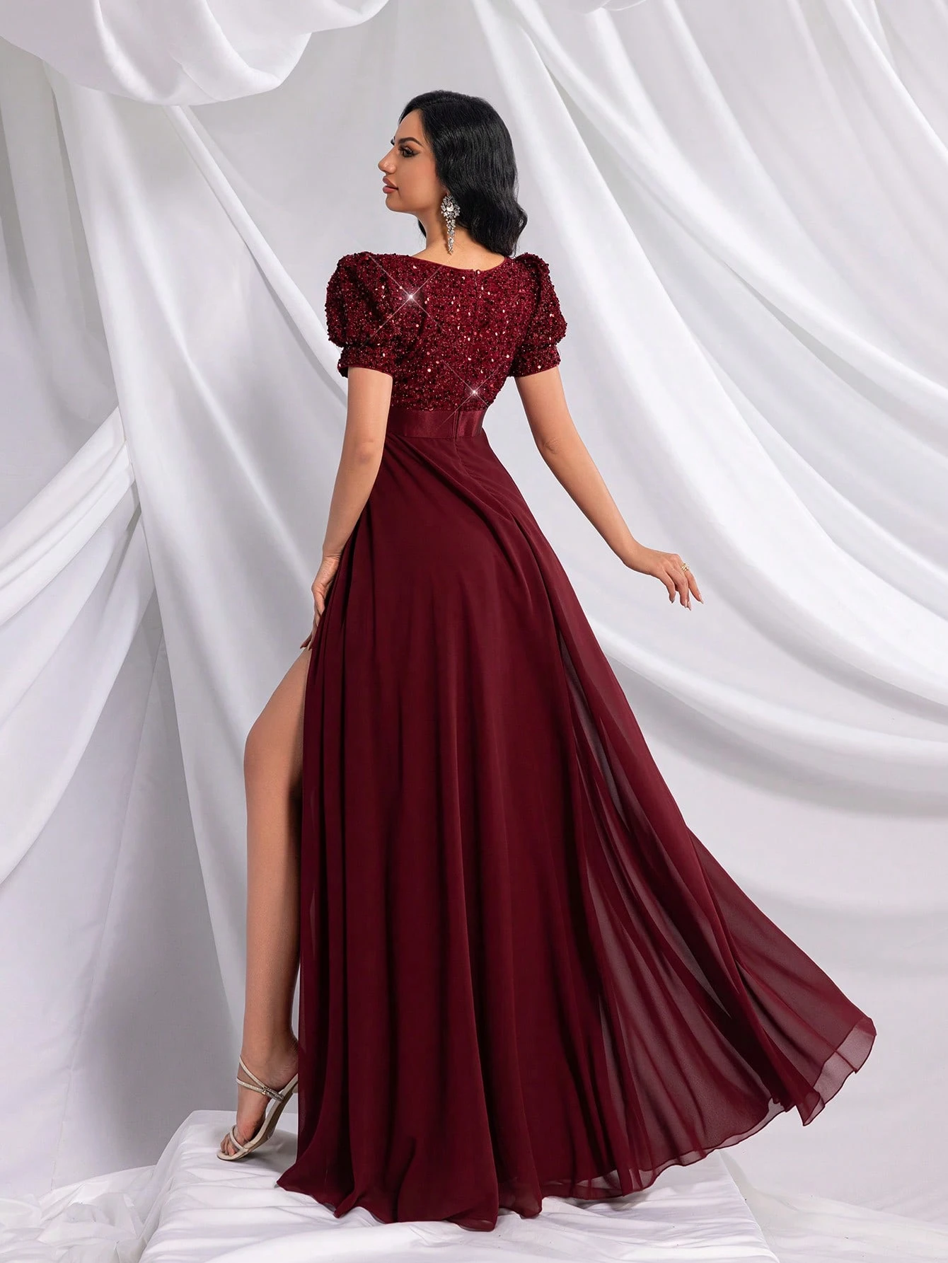 Princess Style Elegant Women Solid Color Sequin Embellished V-Neck Slit Sleeve Evening Gown For Birthday Party, Galas, Dinner Party, Cocktail Party, Anniversary Celebration