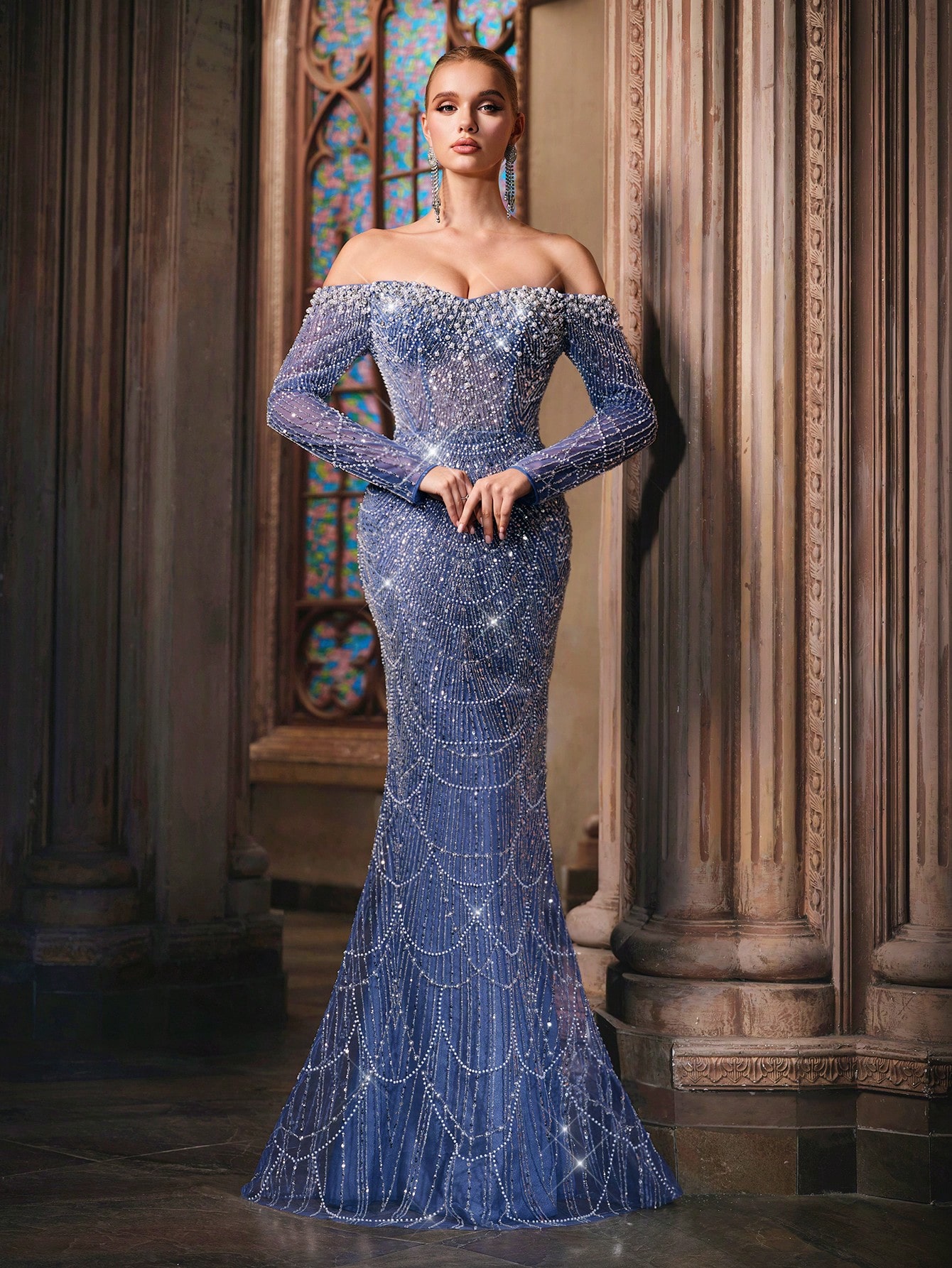 Sparkling Goddess Sequin Formal Dress Luxurious Evening Gown For Dinner Party, Red Carpet, Anniversary Celebrations Haze Blue Off The Shoulder Strapless Sleeve Mermaid Hem Gowns