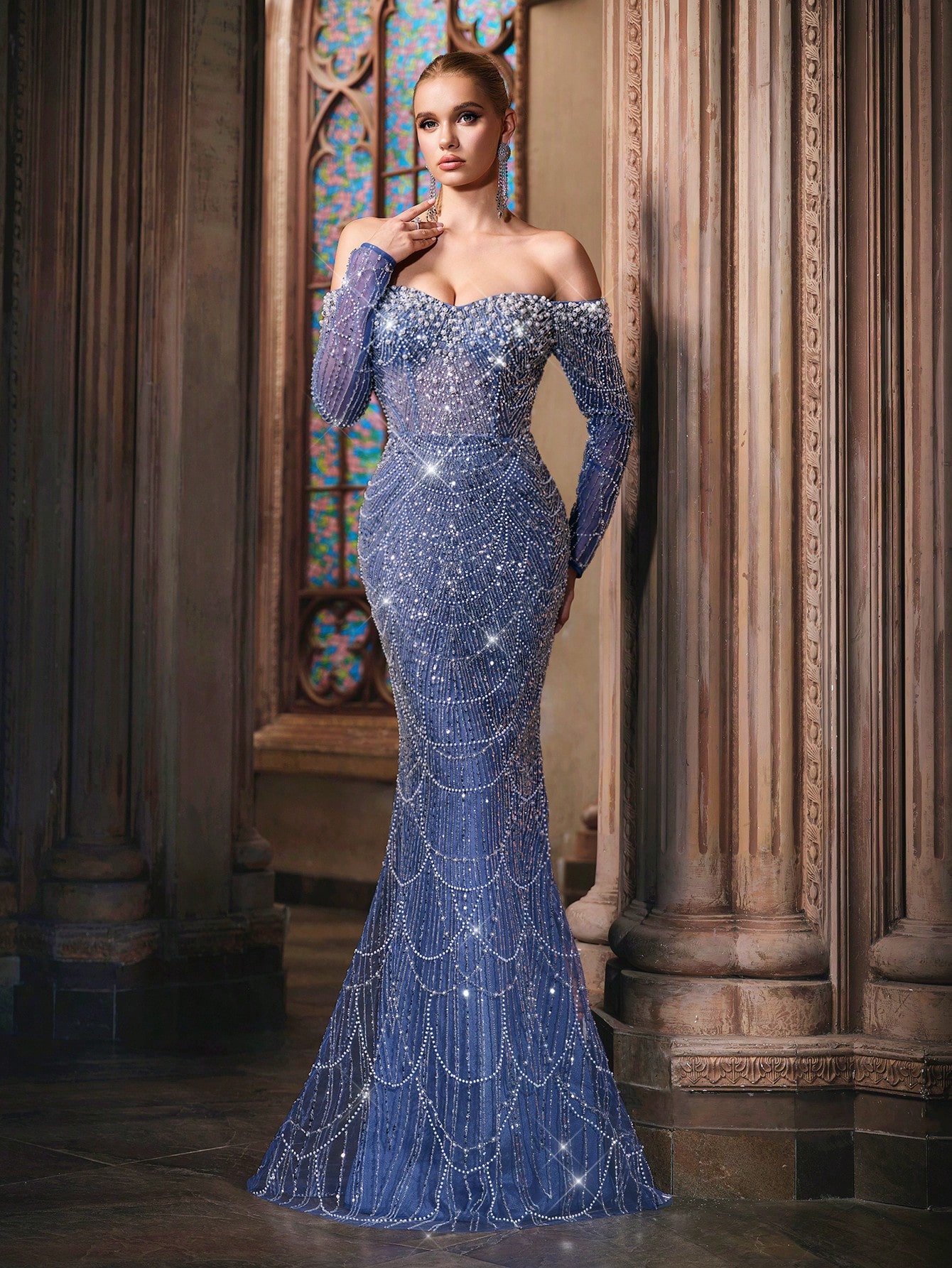 Sparkling Goddess Sequin Formal Dress Luxurious Evening Gown For Dinner Party, Red Carpet, Anniversary Celebrations Haze Blue Off The Shoulder Strapless Sleeve Mermaid Hem Gowns