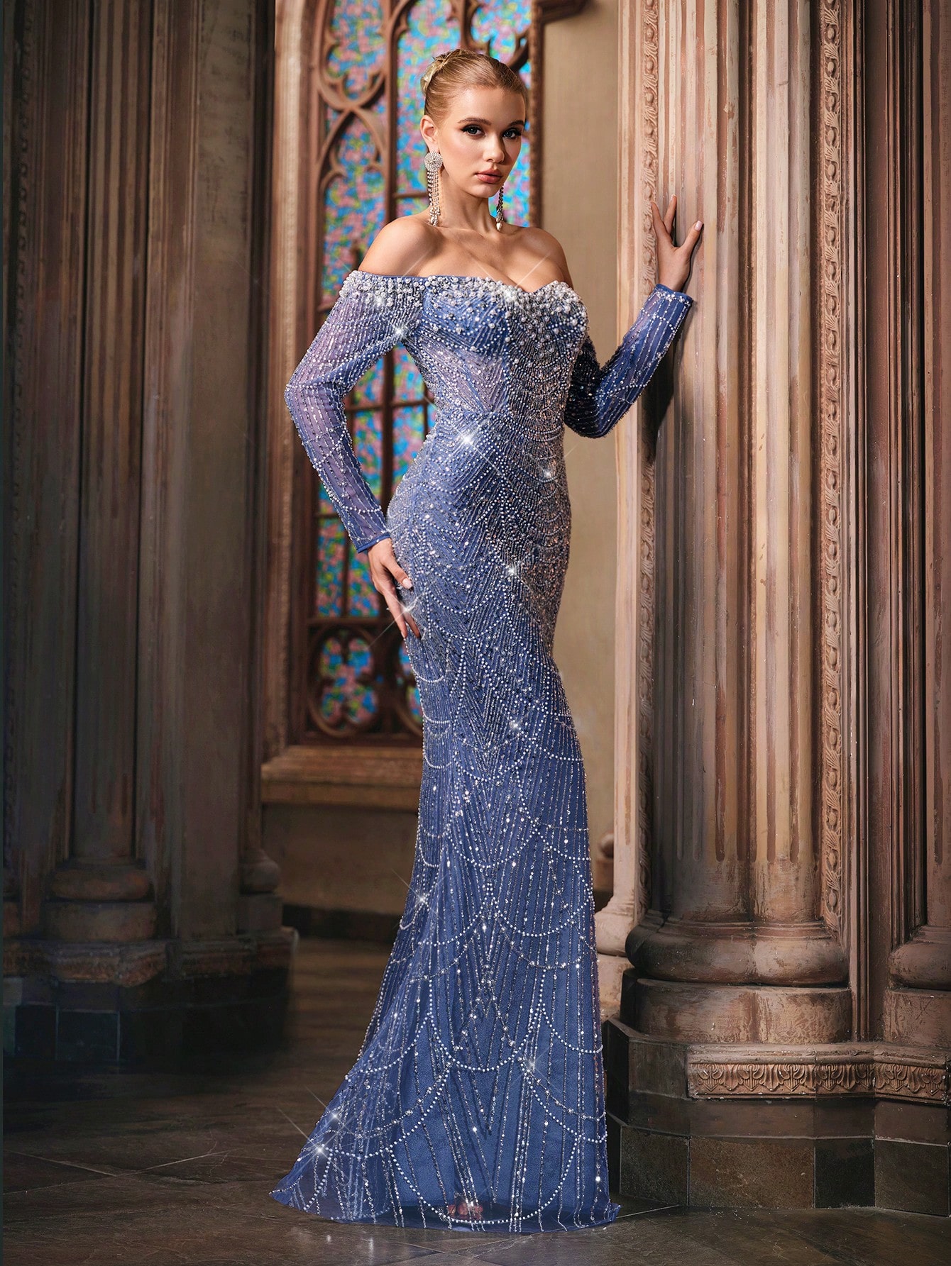 Sparkling Goddess Sequin Formal Dress Luxurious Evening Gown For Dinner Party, Red Carpet, Anniversary Celebrations Haze Blue Off The Shoulder Strapless Sleeve Mermaid Hem Gowns