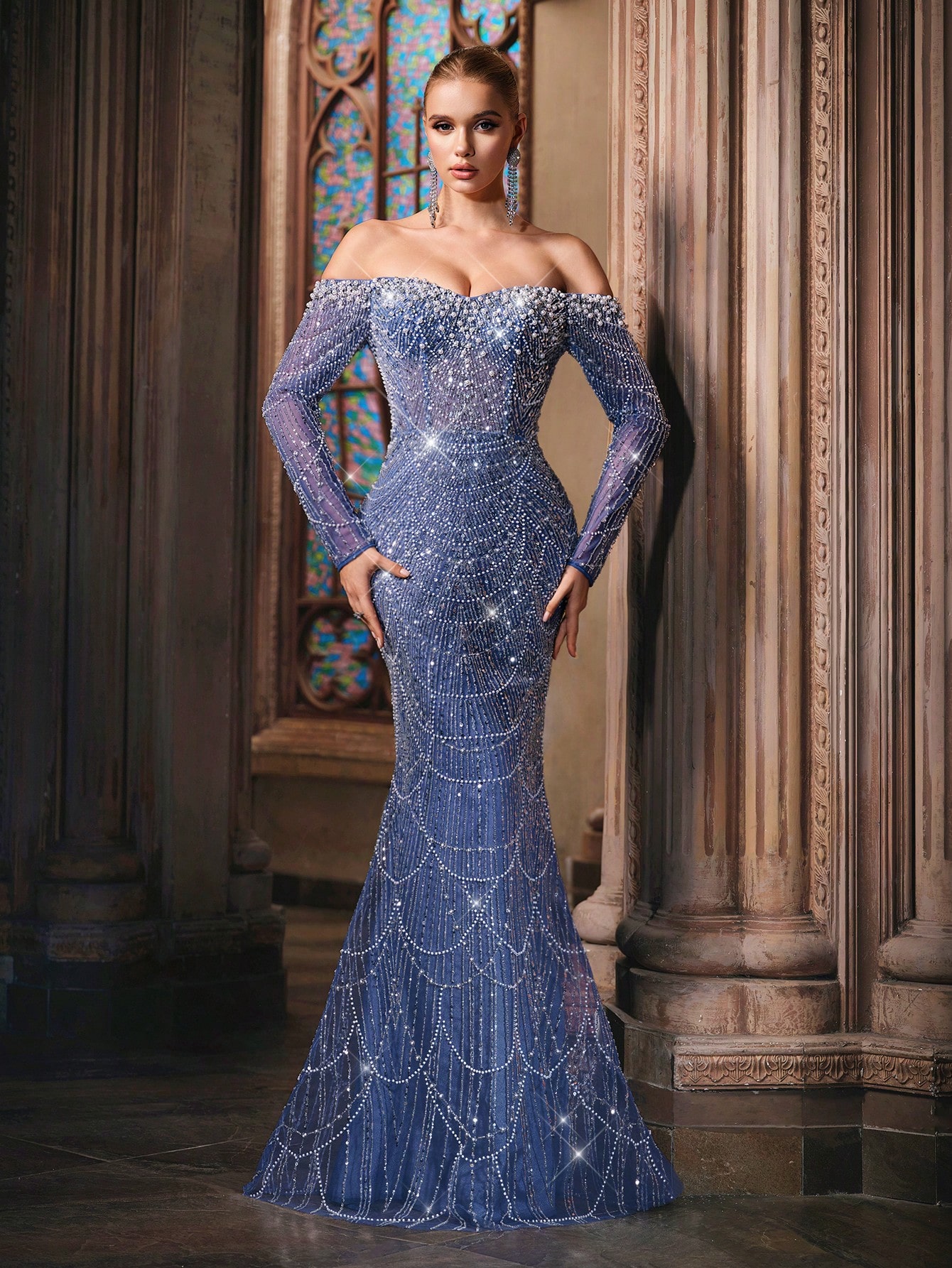 Sparkling Goddess Sequin Formal Dress Luxurious Evening Gown For Dinner Party, Red Carpet, Anniversary Celebrations Haze Blue Off The Shoulder Strapless Sleeve Mermaid Hem Gowns