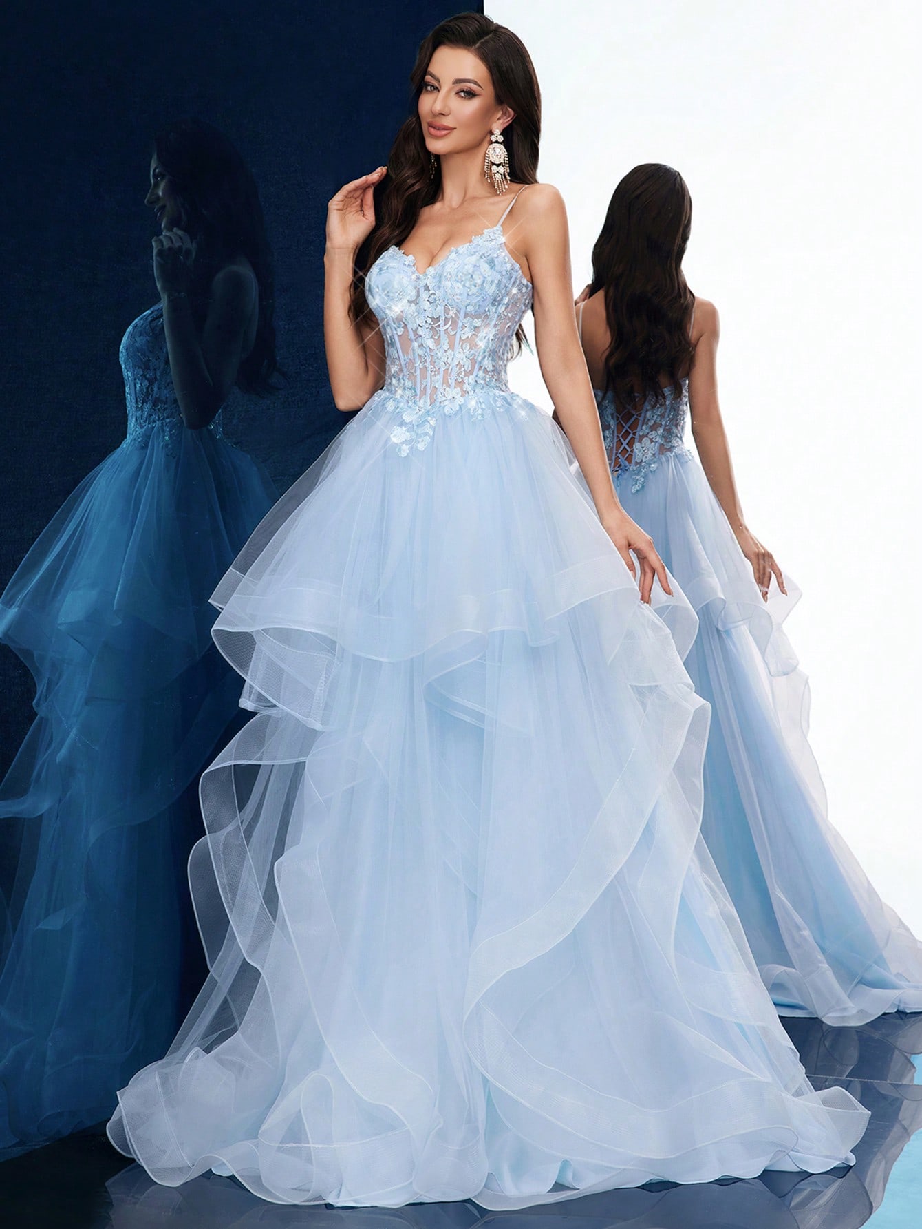 Dreamy Party Women Formal Dress Elegant Summer Evening Gown Graduation Outfit For Birthday Party, Graduation Season Prom, Galas, Fiesta, Dinner Party, Red Carpet Solid Color Appliqued Sleeveless Layered Hem Floor Length Dresses