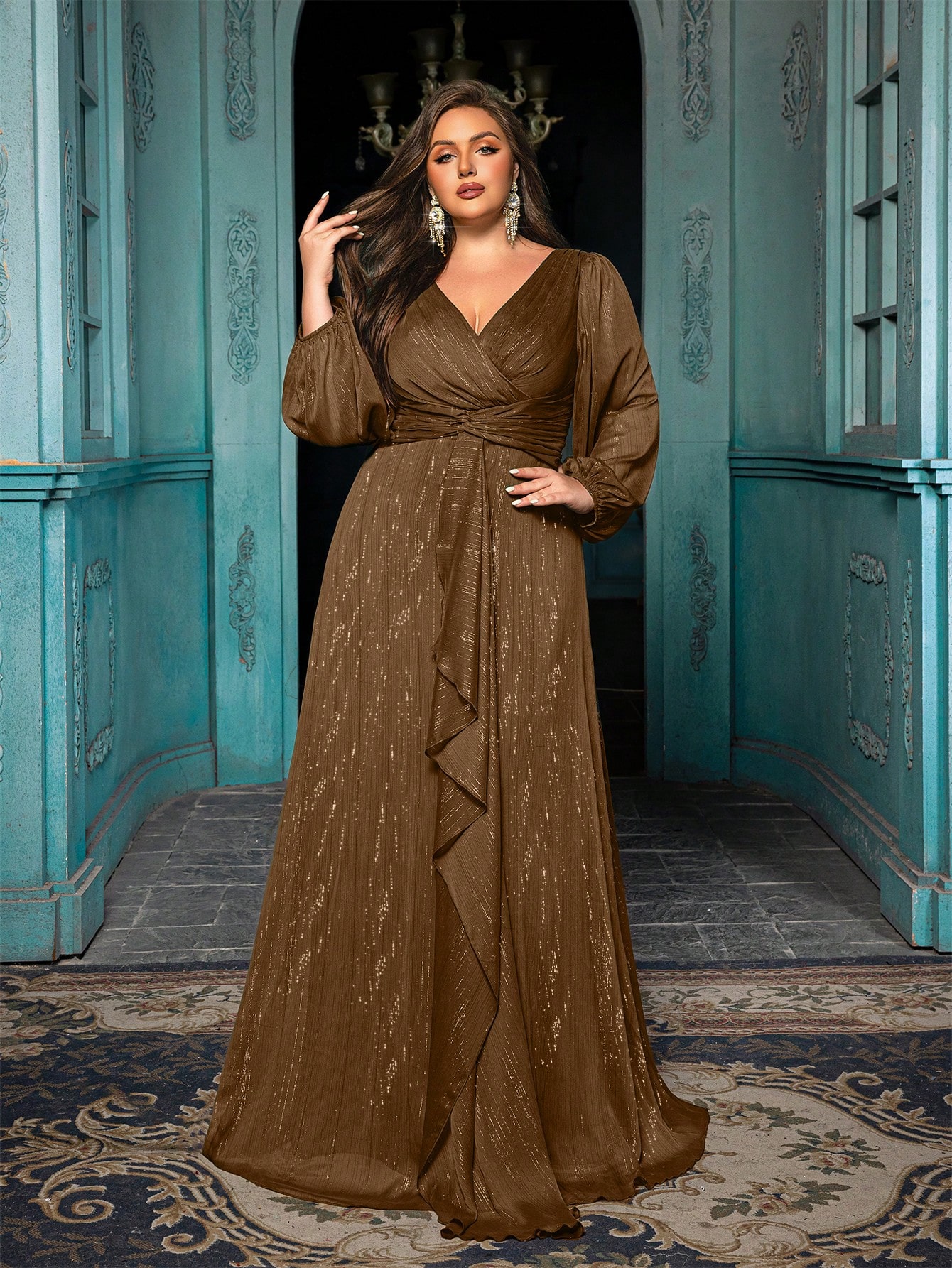 Women's Plus-size High-end Burgundy Evening Gown with Bright Stitching,V-neck Lantern Sleeves Prom Party Dress,Elegant Ruffle Wedding Guest Dress,Bridesmaid Dress,Perfect Birthday Dress,Cocktail Maxi dress,Christmas Celebration Dress,A-line Formal Dress