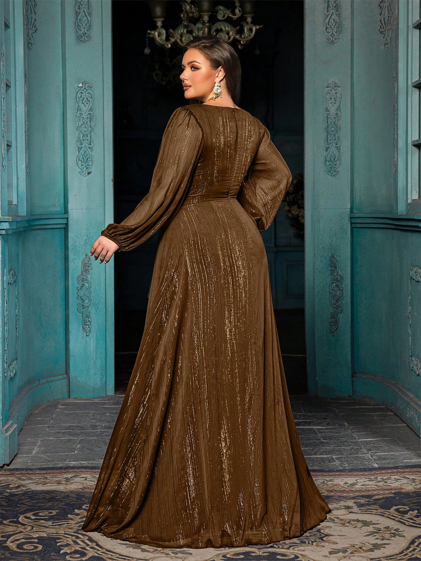 Women's Plus-size High-end Burgundy Evening Gown with Bright Stitching,V-neck Lantern Sleeves Prom Party Dress,Elegant Ruffle Wedding Guest Dress,Bridesmaid Dress,Perfect Birthday Dress,Cocktail Maxi dress,Christmas Celebration Dress,A-line Formal Dress