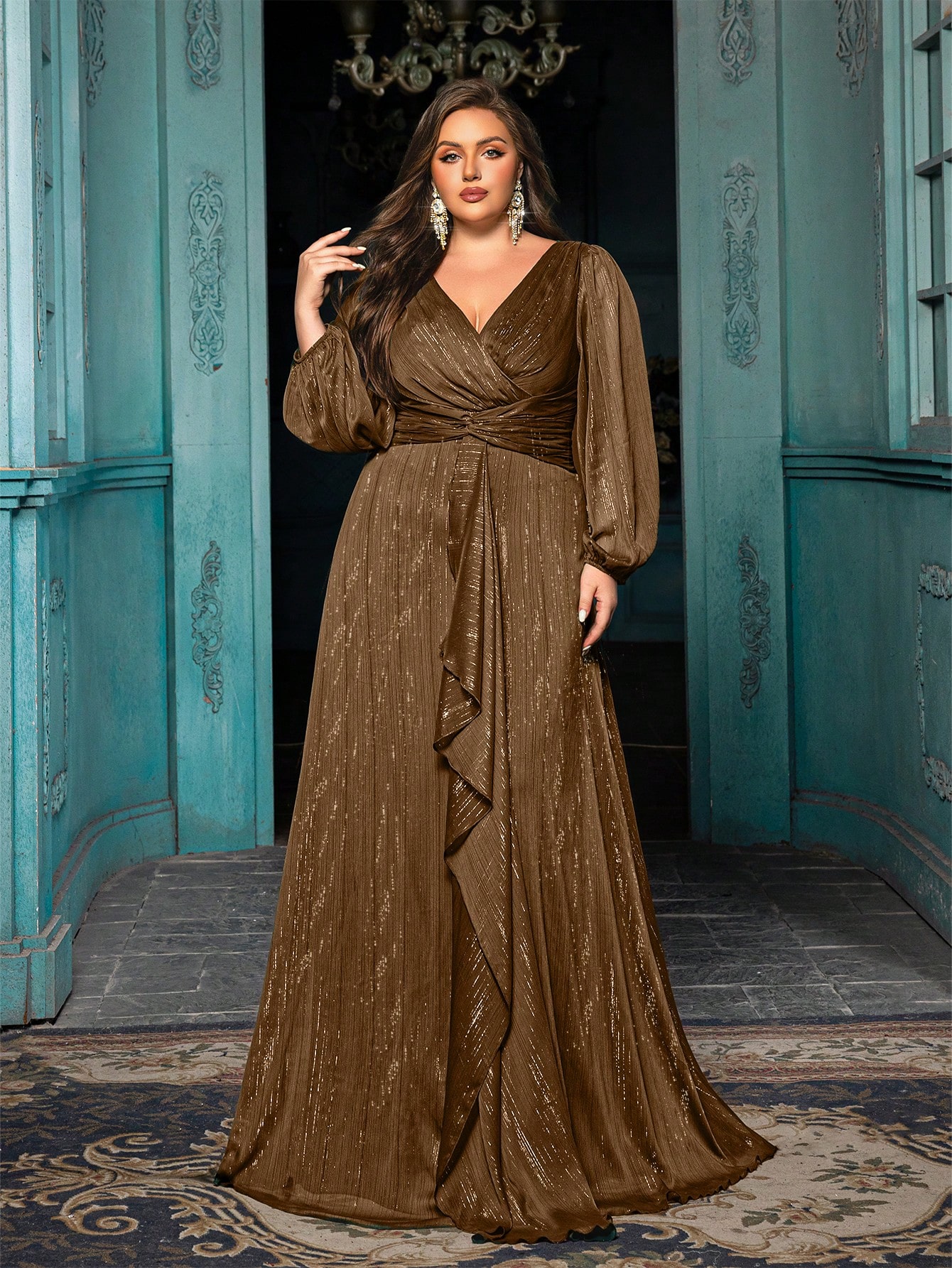 Women's Plus-size High-end Burgundy Evening Gown with Bright Stitching,V-neck Lantern Sleeves Prom Party Dress,Elegant Ruffle Wedding Guest Dress,Bridesmaid Dress,Perfect Birthday Dress,Cocktail Maxi dress,Christmas Celebration Dress,A-line Formal Dress