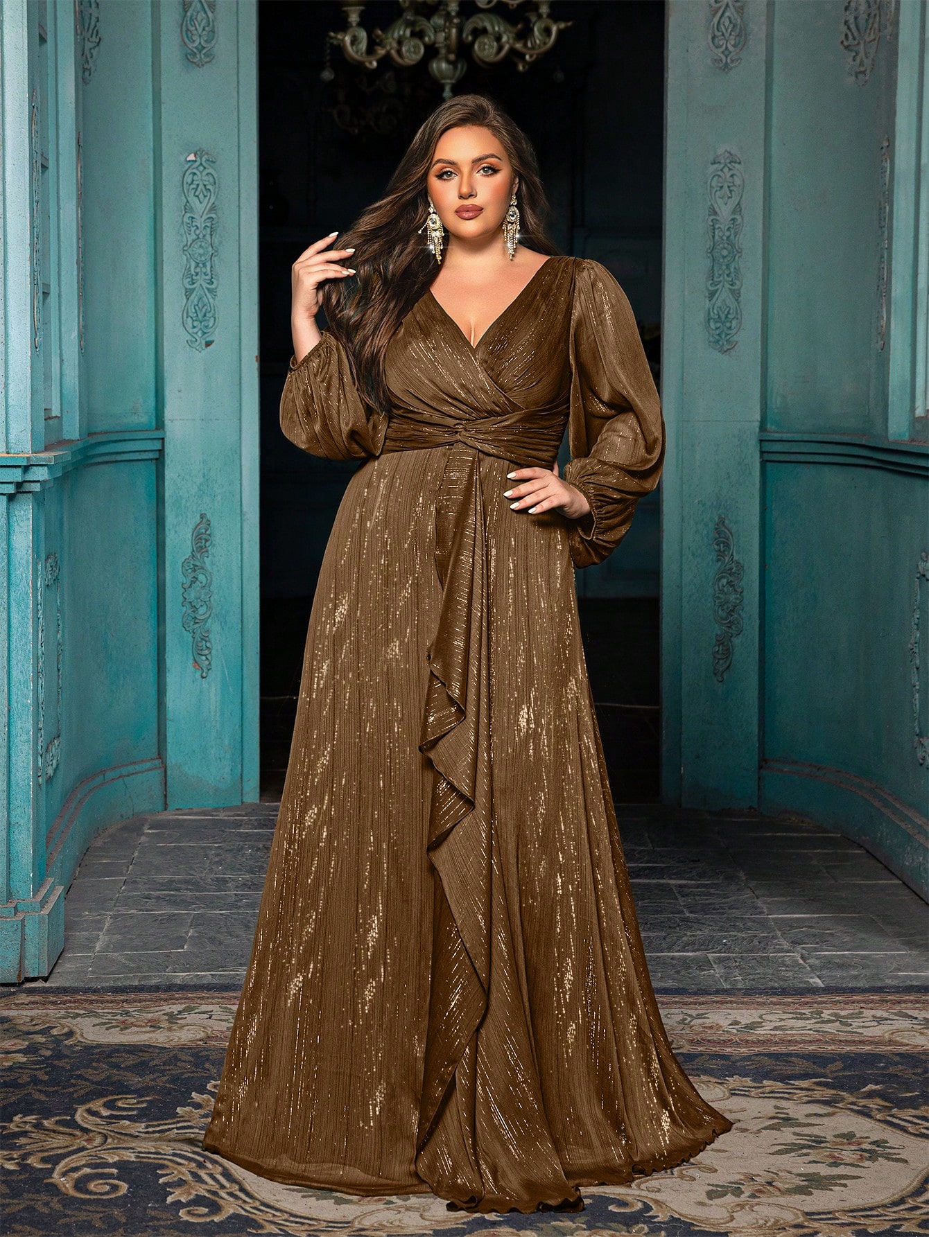 Women's Plus-size High-end Burgundy Evening Gown with Bright Stitching,V-neck Lantern Sleeves Prom Party Dress,Elegant Ruffle Wedding Guest Dress,Bridesmaid Dress,Perfect Birthday Dress,Cocktail Maxi dress,Christmas Celebration Dress,A-line Formal Dress