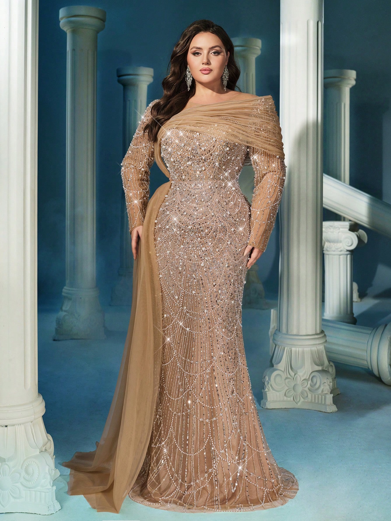 Sparkling Glamorous Champagne Color Plus Size Sequin Long Sleeve Mermaid Hem Gown Dress (Heavily Embellished)