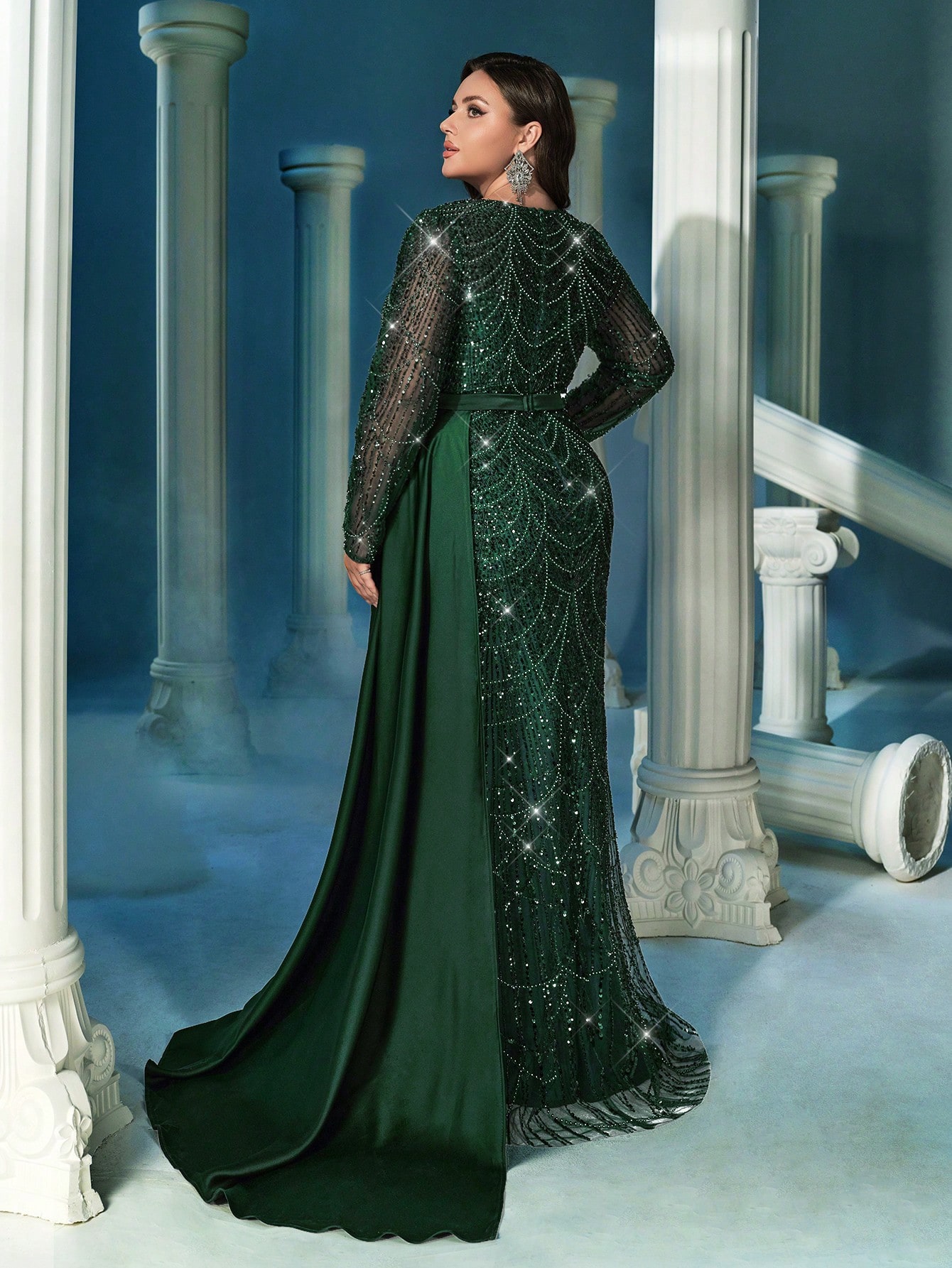 Noble Sequins Patchwork Women Formal Dress Spring Summer Evening Gown For Evening Party, Fiesta, Dinner Party, Charity Prom, Galas, Anniversary Celebration Plus Size Dark Green Long Sleeve Dresses
