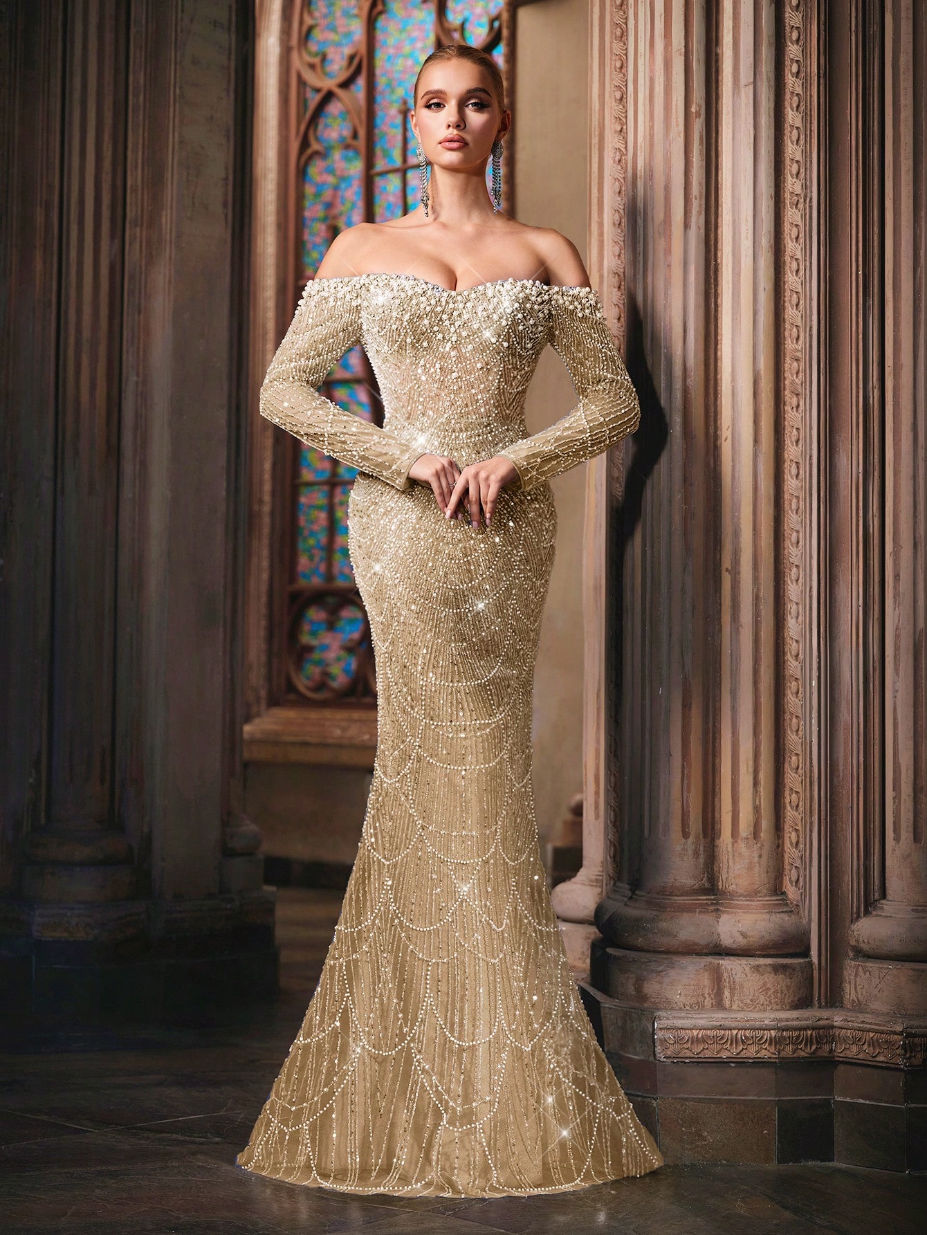 Sparkling Goddess Sequin Formal Dress Luxurious Evening Gown For Dinner Party, Red Carpet, Anniversary Celebrations Haze Blue Off The Shoulder Strapless Sleeve Mermaid Hem Gowns