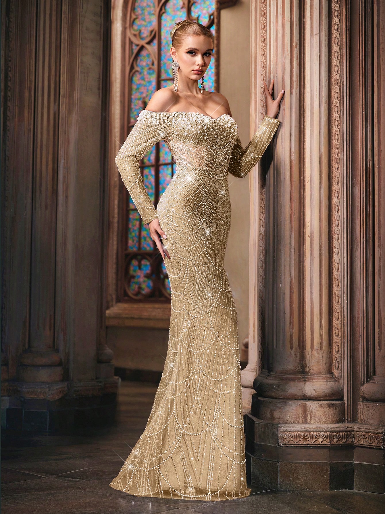 Sparkling Goddess Sequin Formal Dress Luxurious Evening Gown For Dinner Party, Red Carpet, Anniversary Celebrations Haze Blue Off The Shoulder Strapless Sleeve Mermaid Hem Gowns